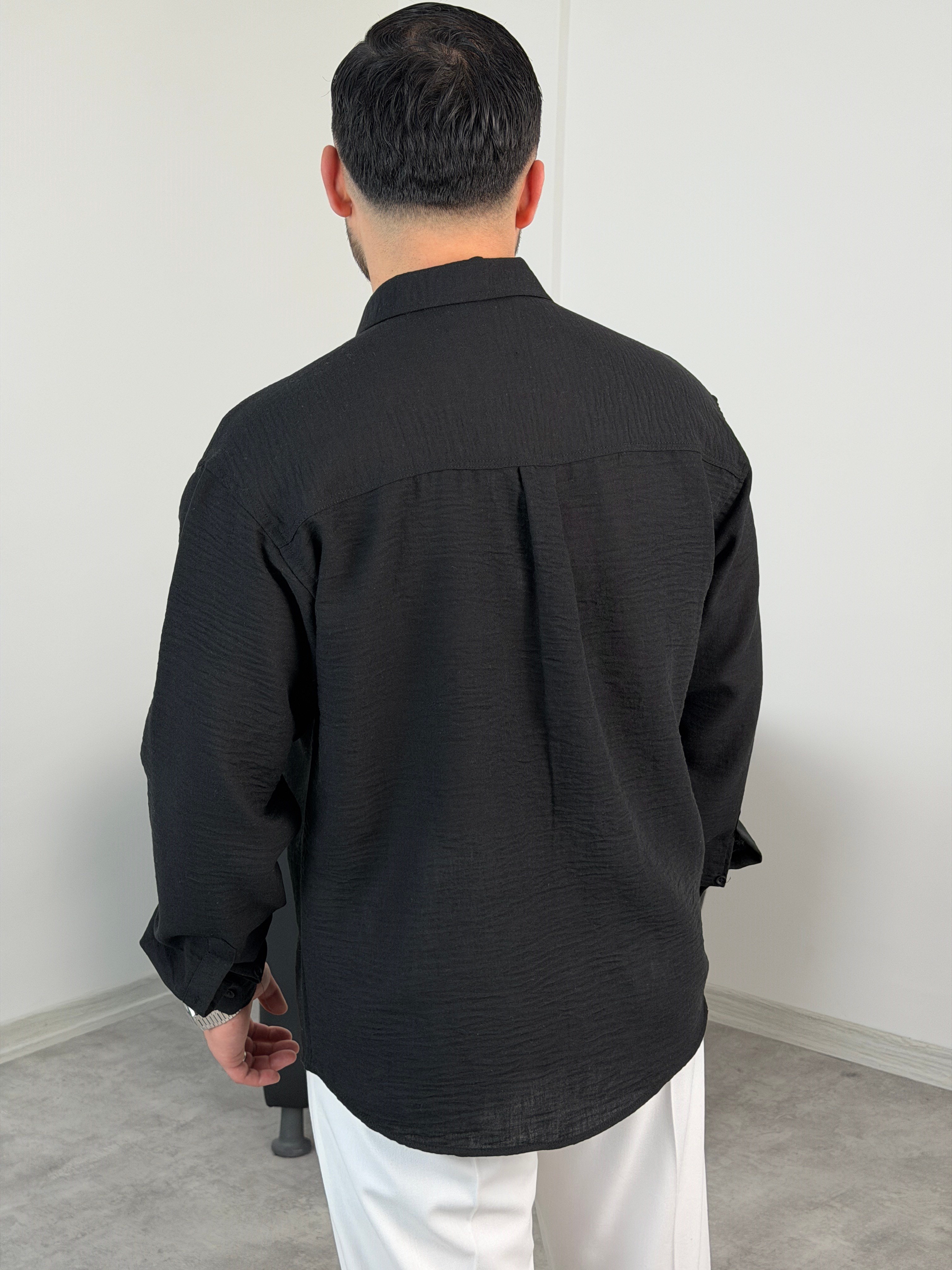 PERA KETEN UZUNKOL OVERSİZE GÖMLEK SİYAH