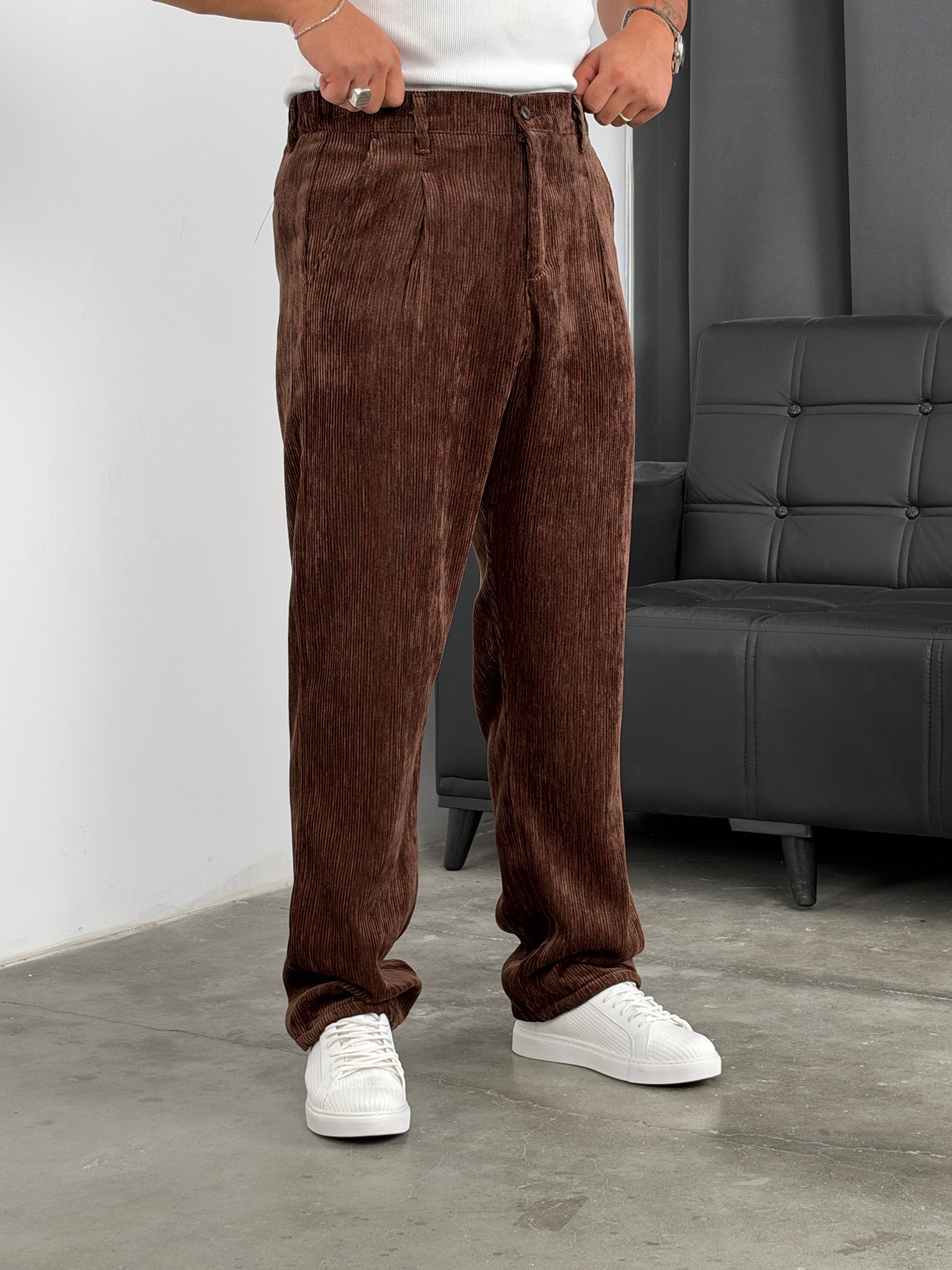 Pileli %100 Kadife Baggy Pantolon Acı Kahve