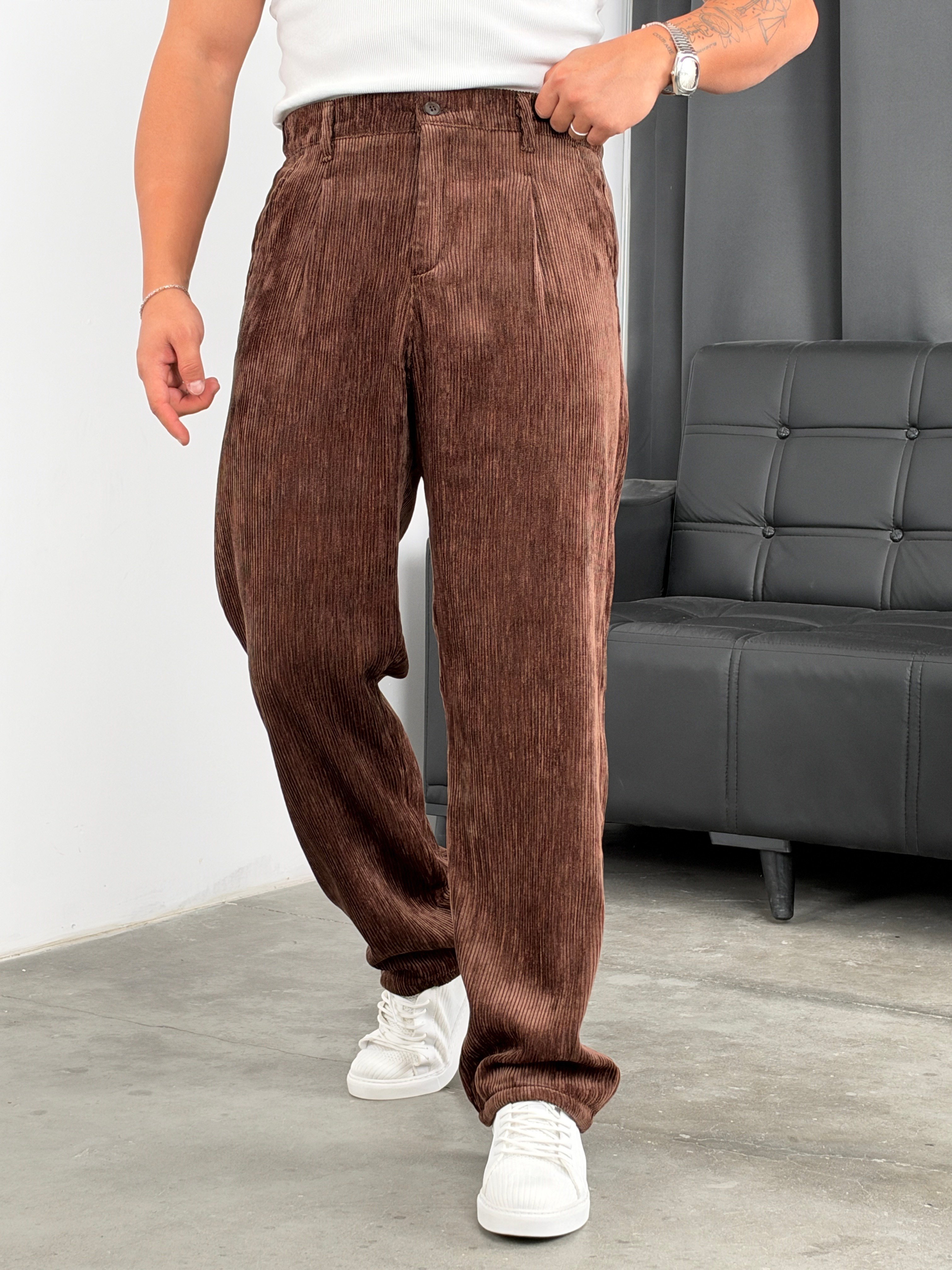 Pileli %100 Kadife Baggy Pantolon Acı Kahve