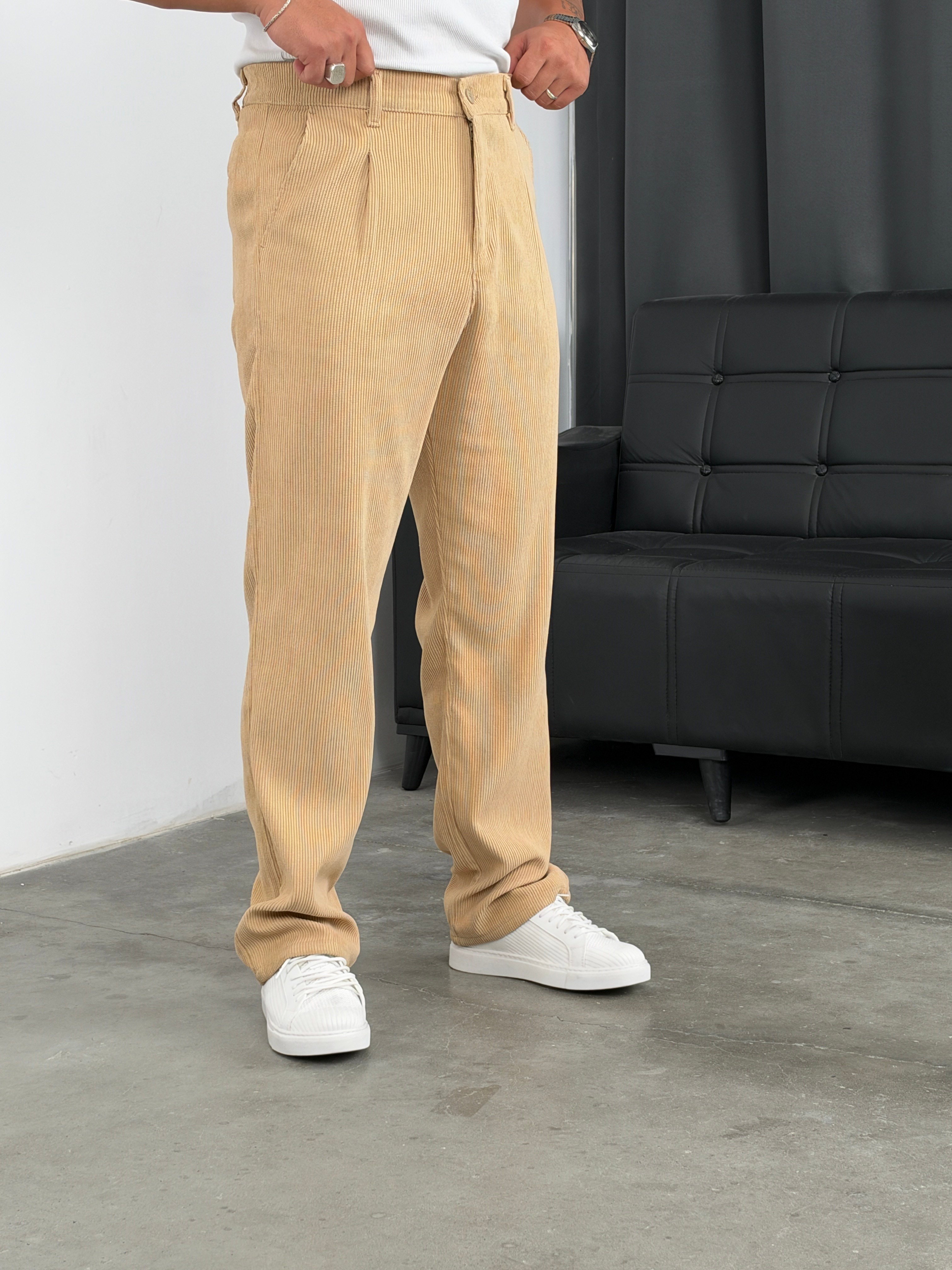Pileli %100 Kadife Baggy Pantolon Bej