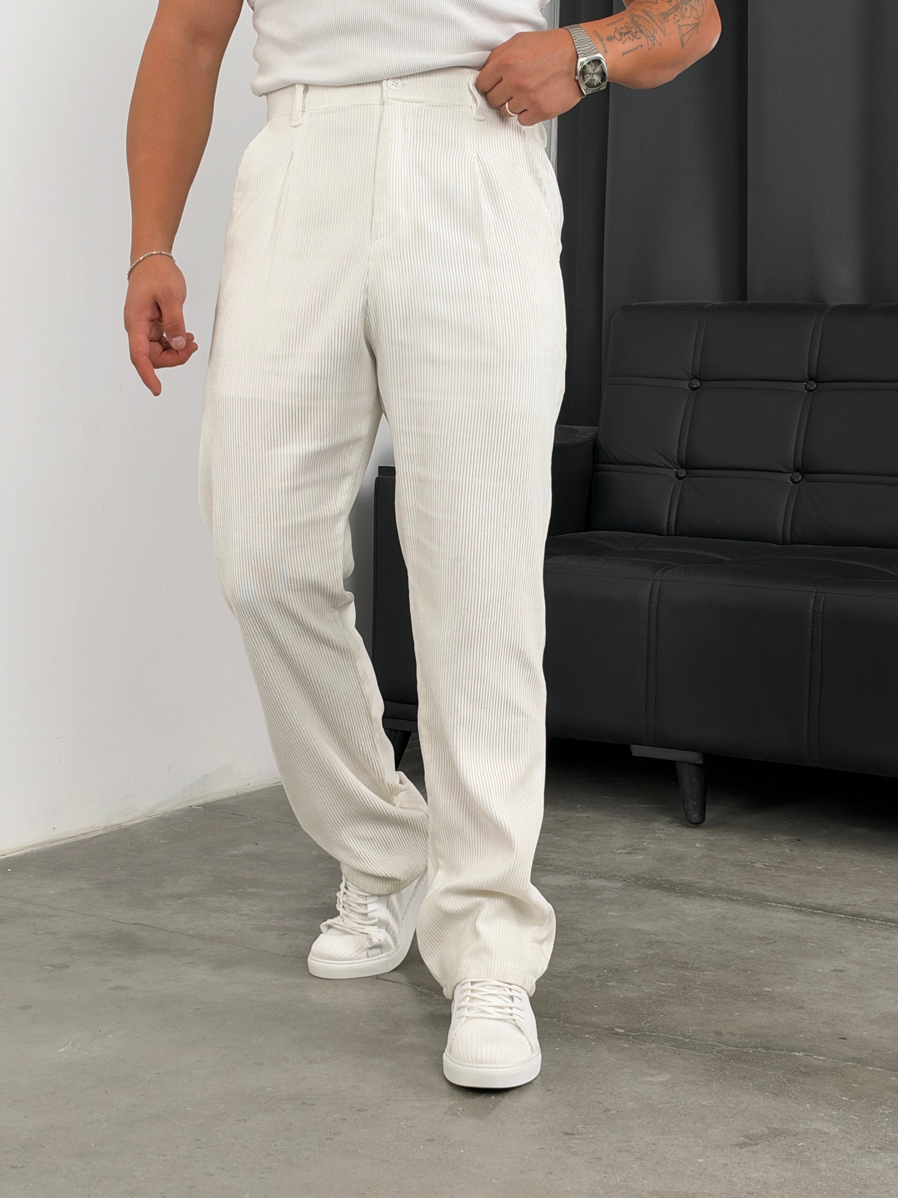 Pileli %100 Kadife Baggy Pantolon Beyaz