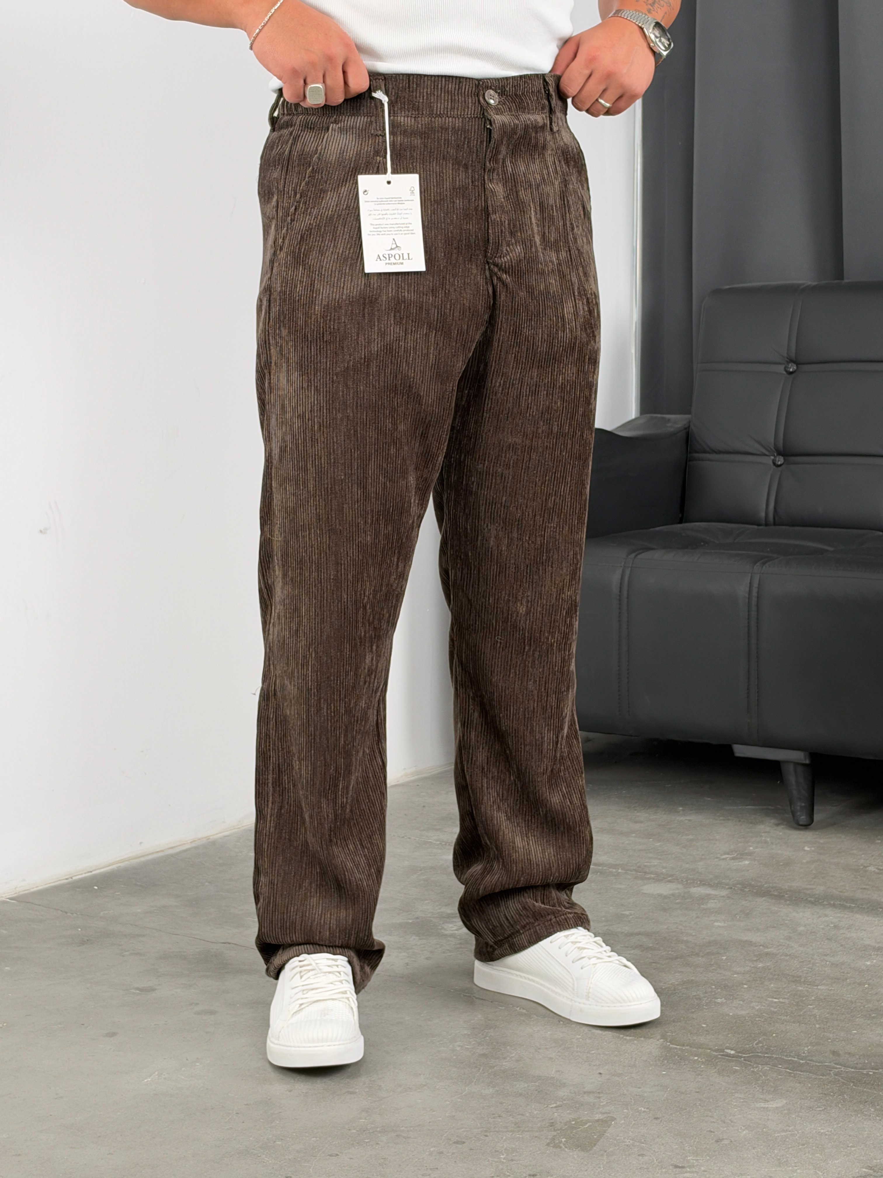 Pileli %100 Kadife Baggy Pantolon Koyu Haki Yeşil