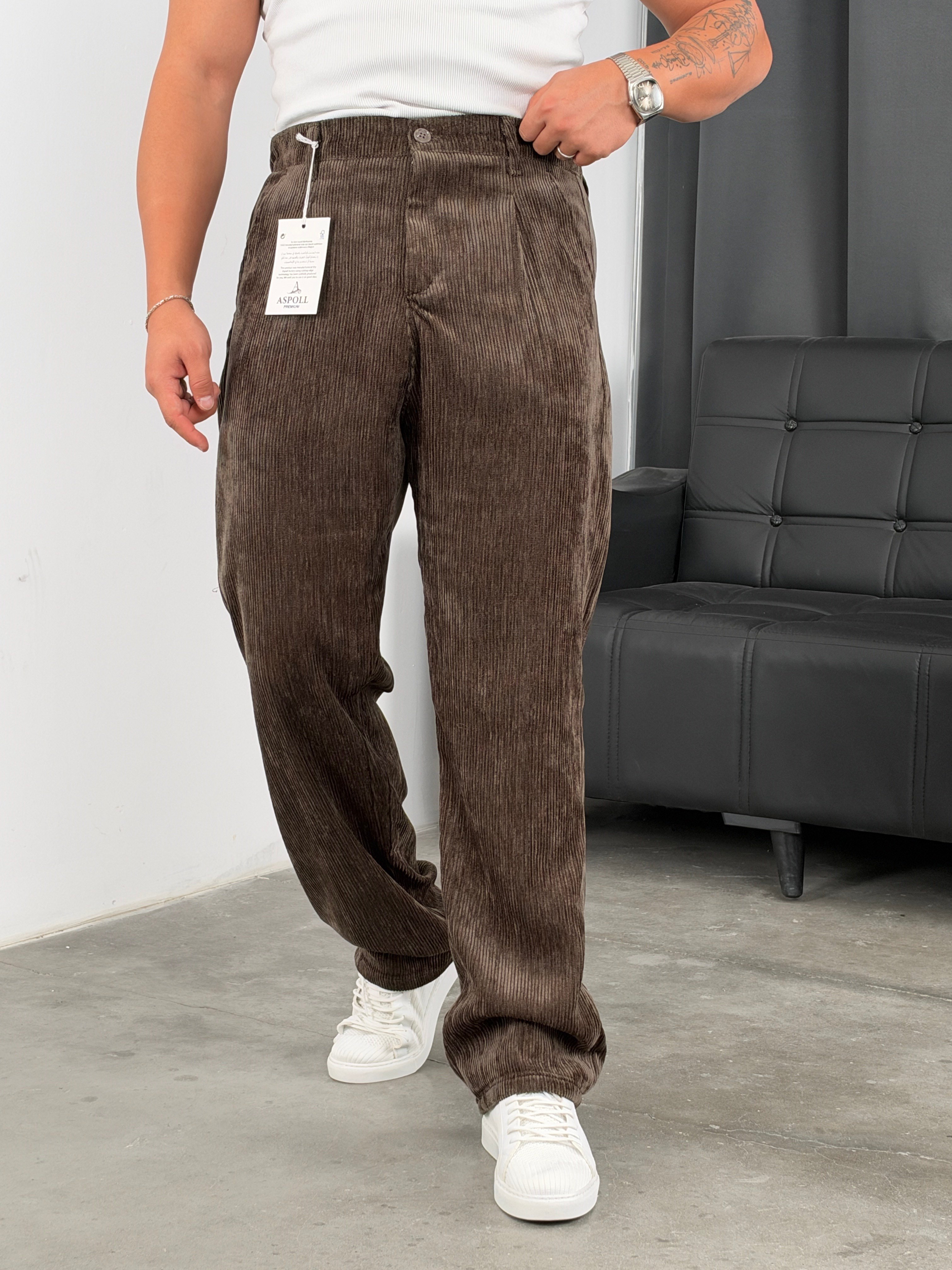 Pileli %100 Kadife Baggy Pantolon Koyu Haki Yeşil