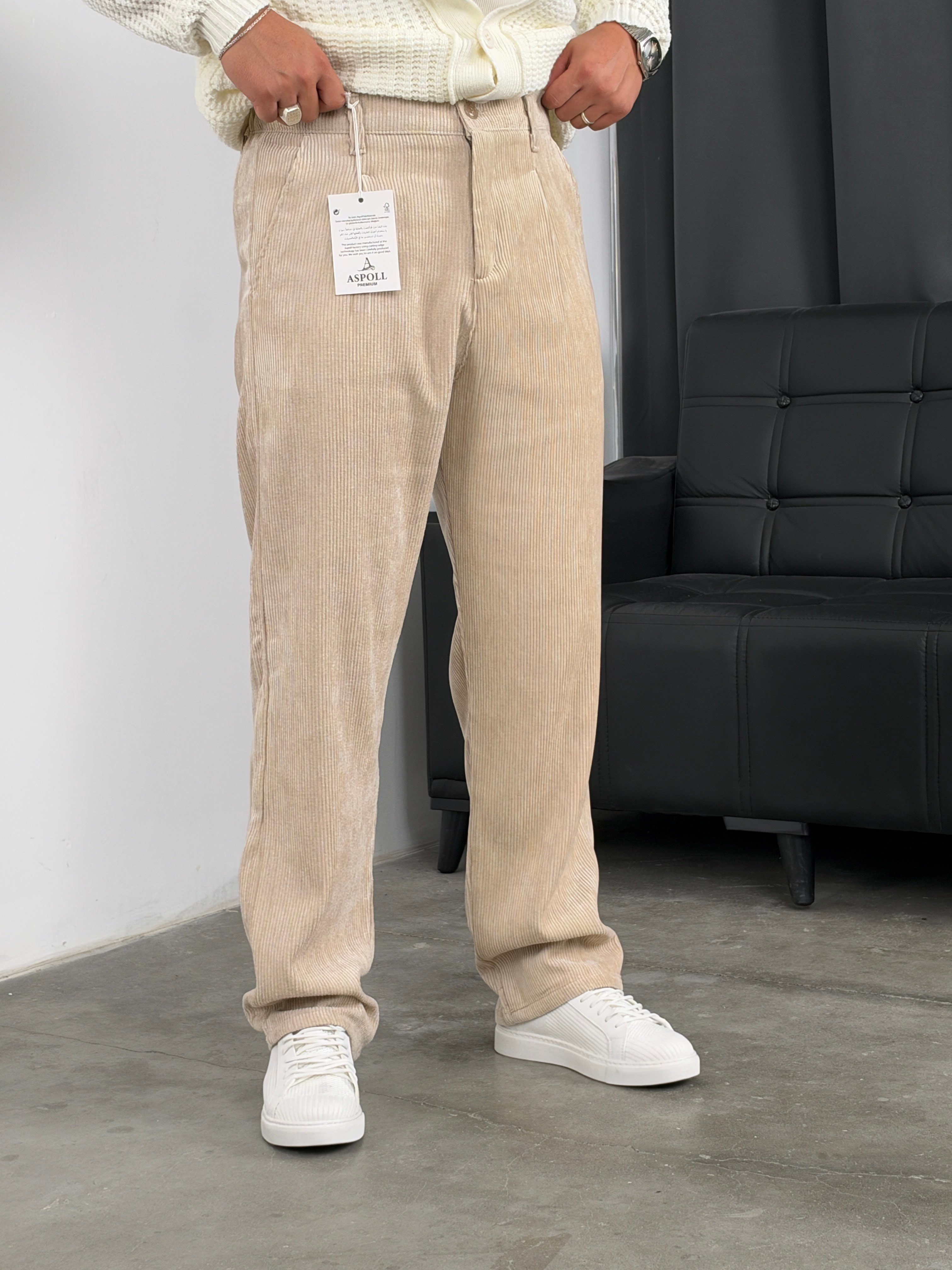 Pileli %100 Kadife Baggy Pantolon Krem