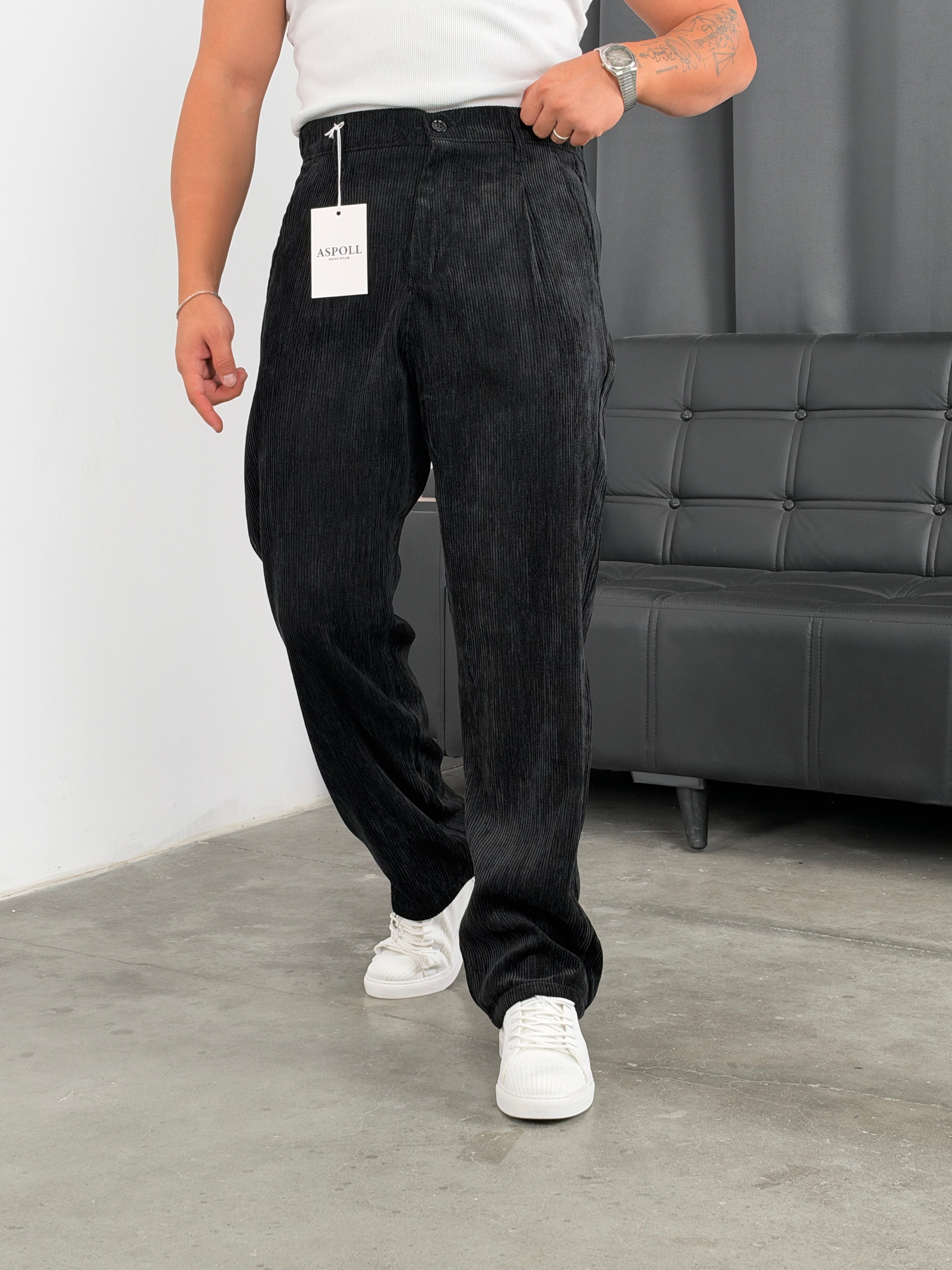 Pileli %100 Kadife Baggy Pantolon Siyah