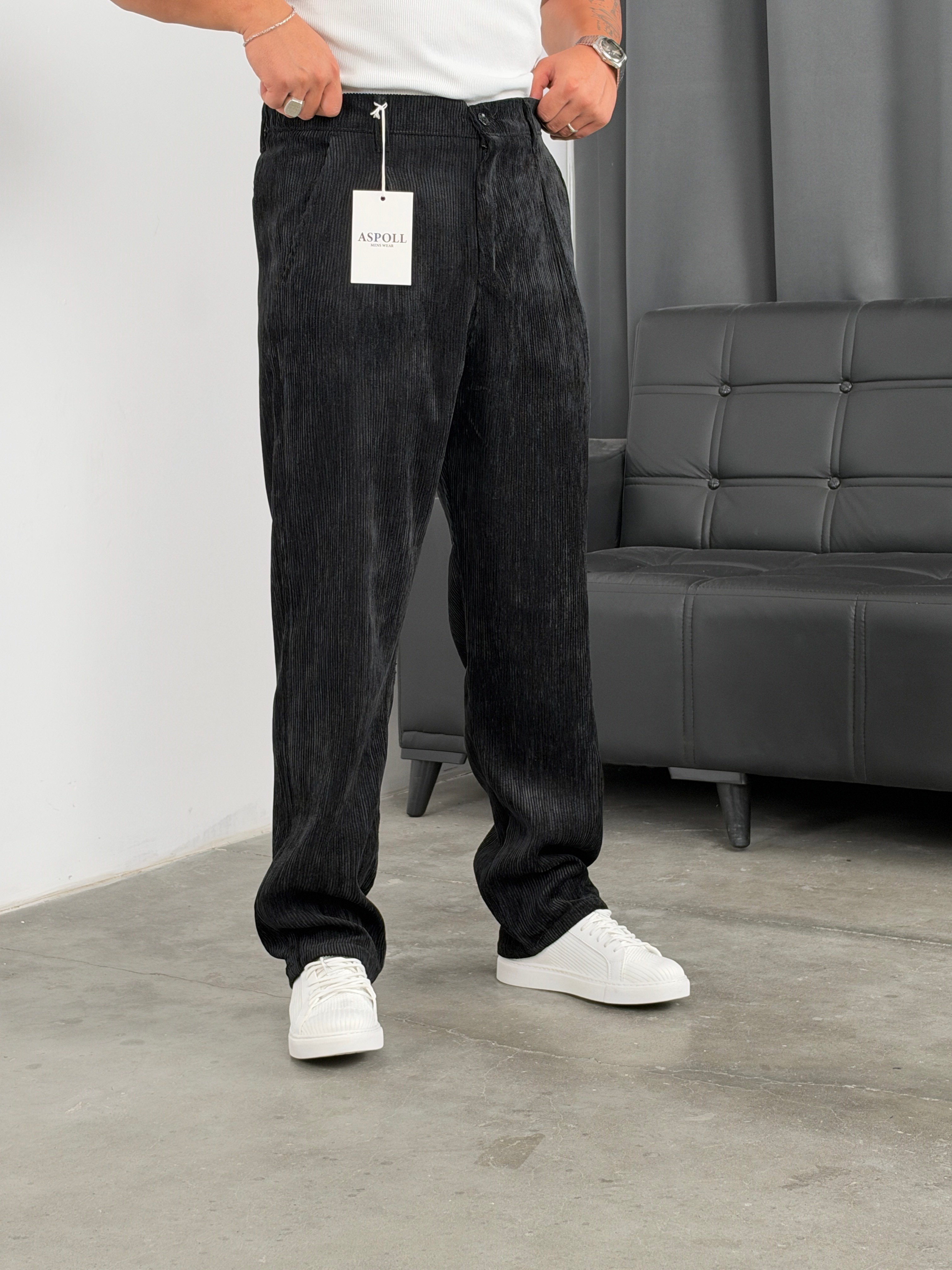 Pileli %100 Kadife Baggy Pantolon Siyah
