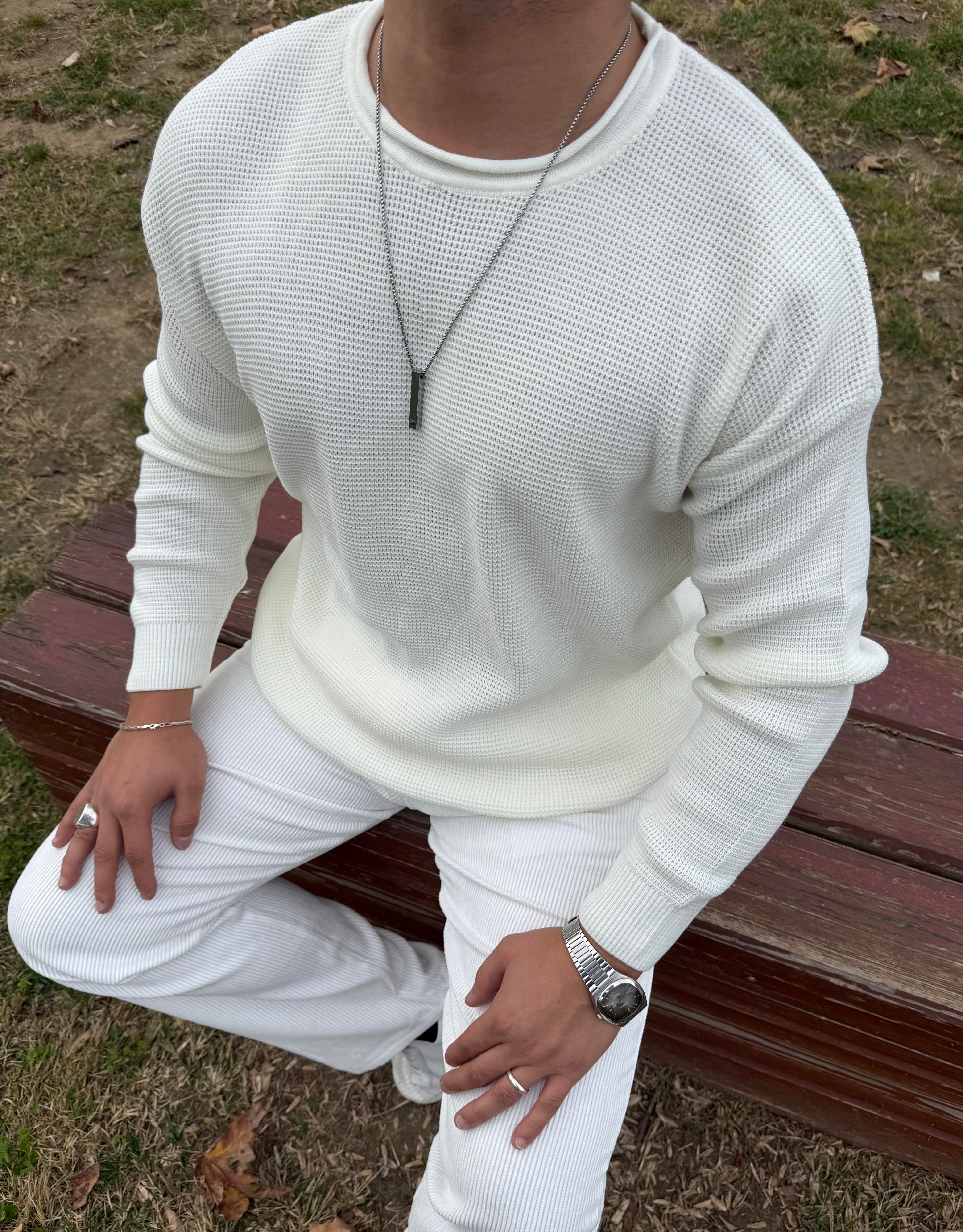 PİS YAKA %100 TRİKO OVERSİZE SWEATSHİRT BEYAZ