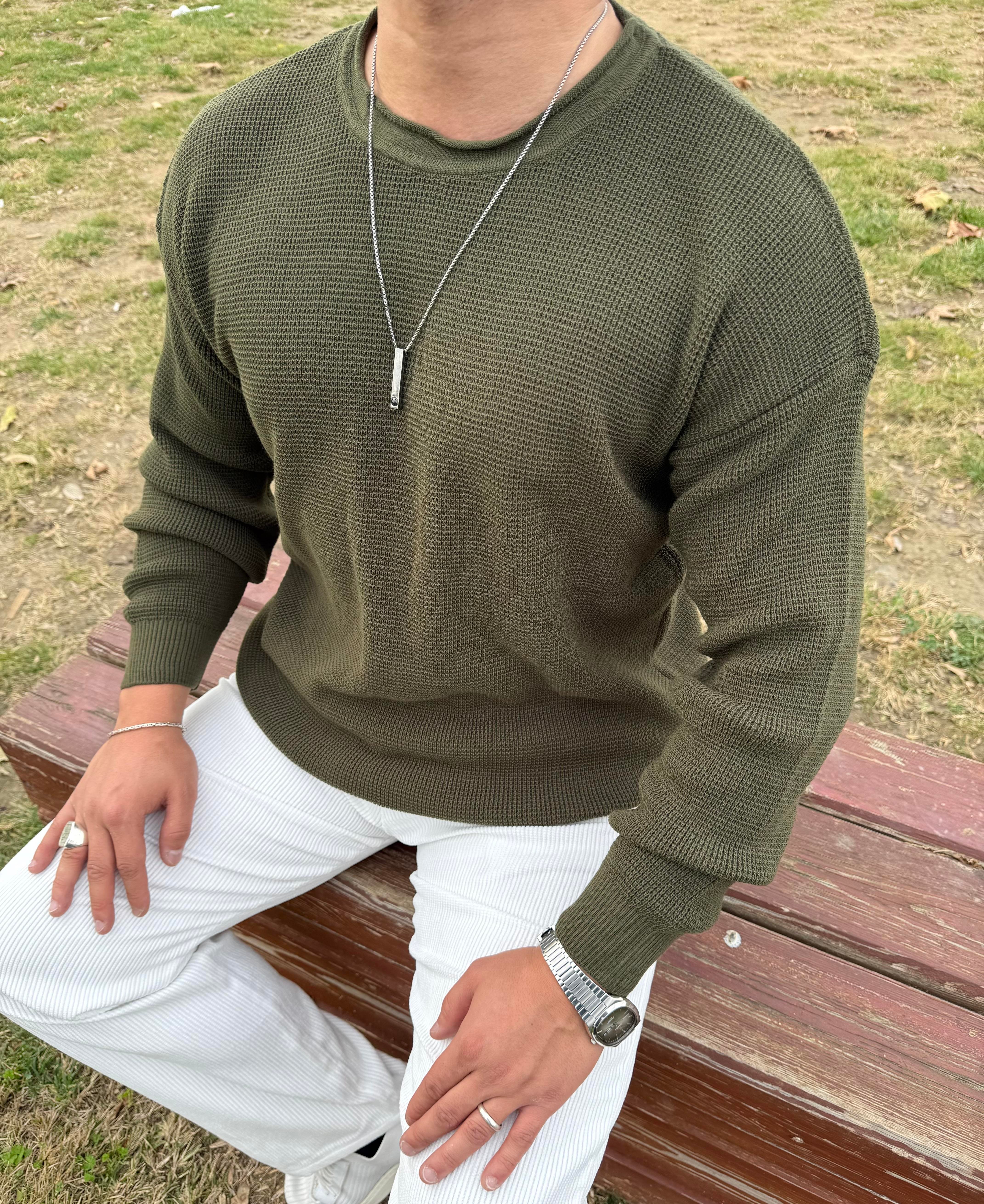 PİS YAKA %100 TRİKO OVERSİZE SWEATSHİRT HAKİ YEŞİL