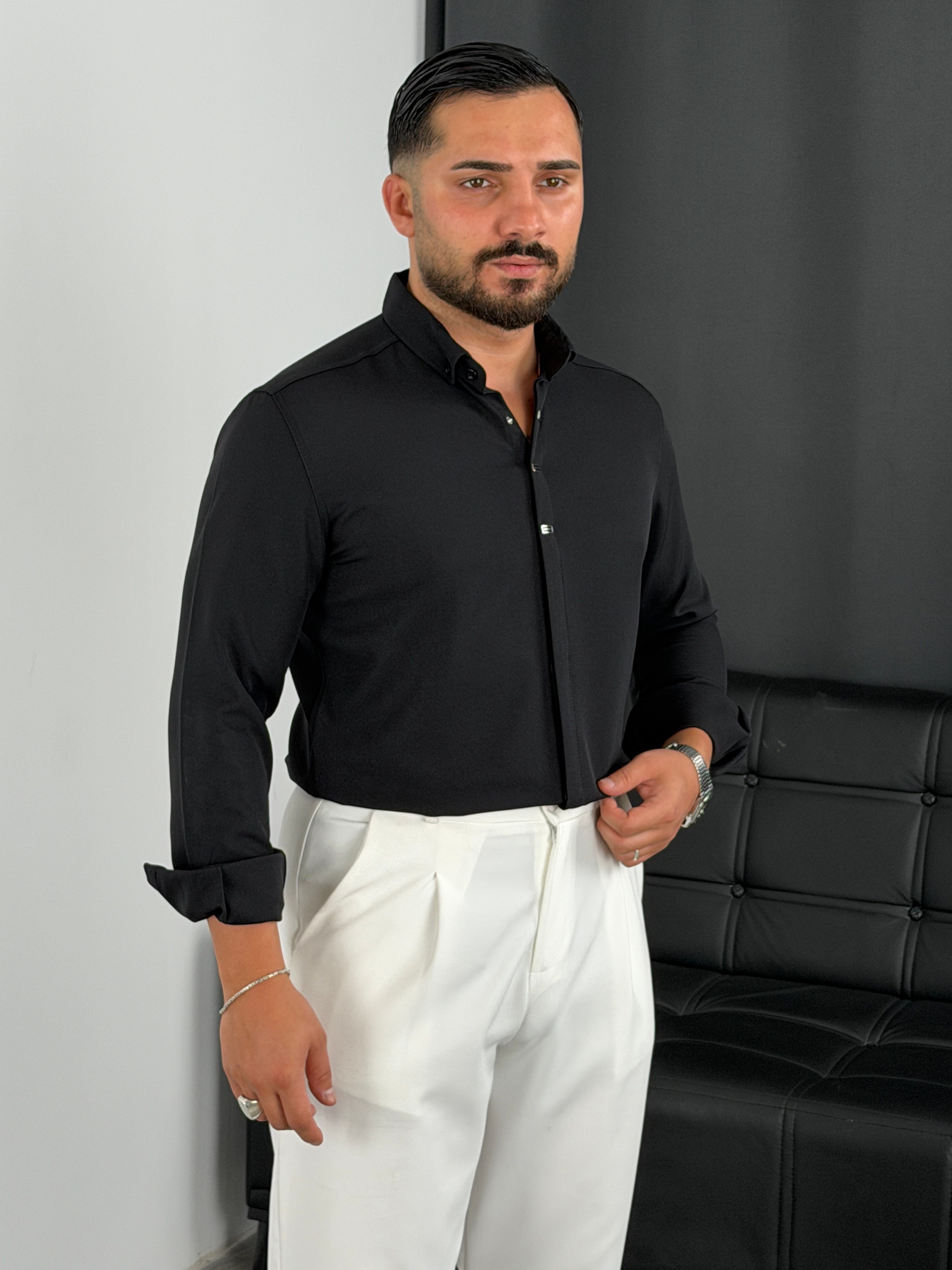 Premium Dabıl Kumaş Özel Tokalı Uzun Kol Gömlek Siyah