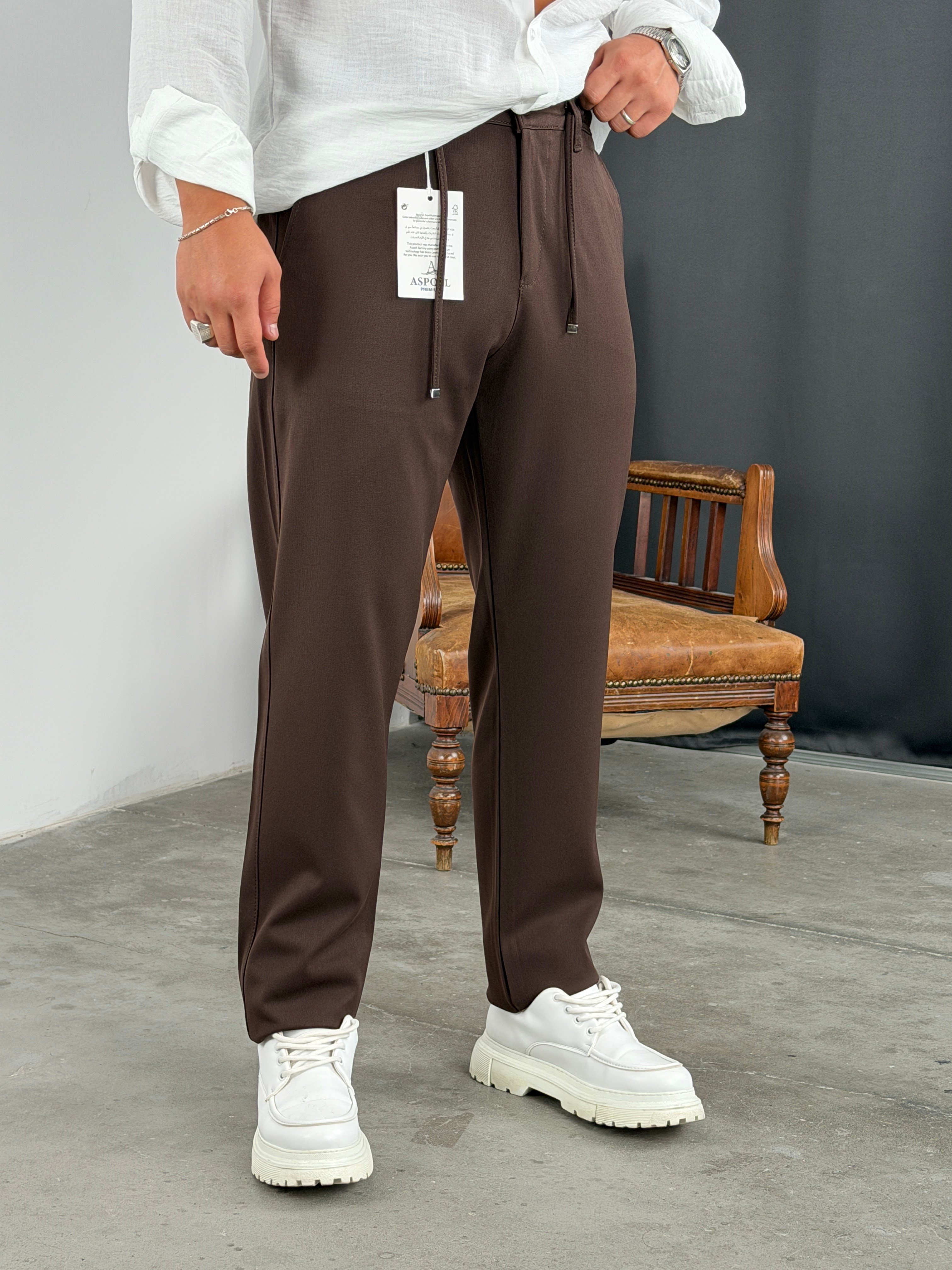 Premium Kalite Gabardin Kumaş Jogger Pantolon Acı Kahve