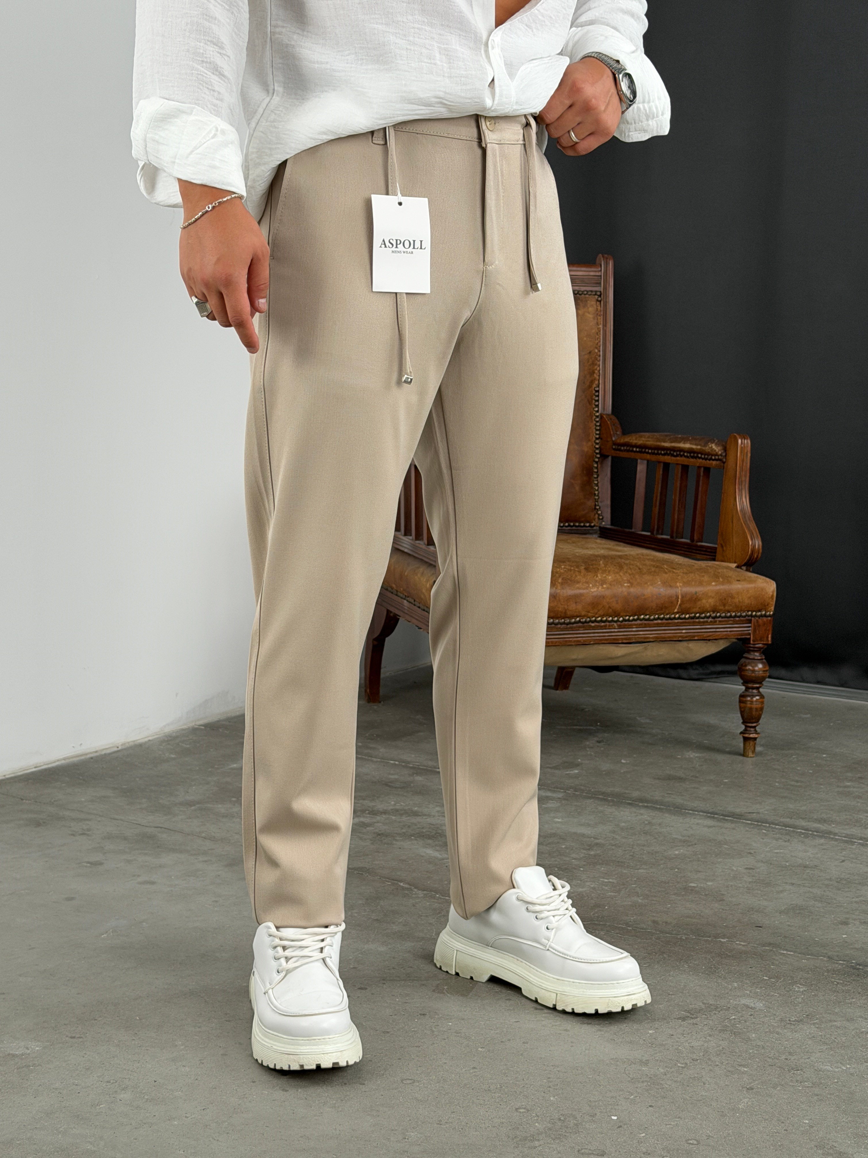 Premium Kalite Gabardin Kumaş Jogger Pantolon Krem