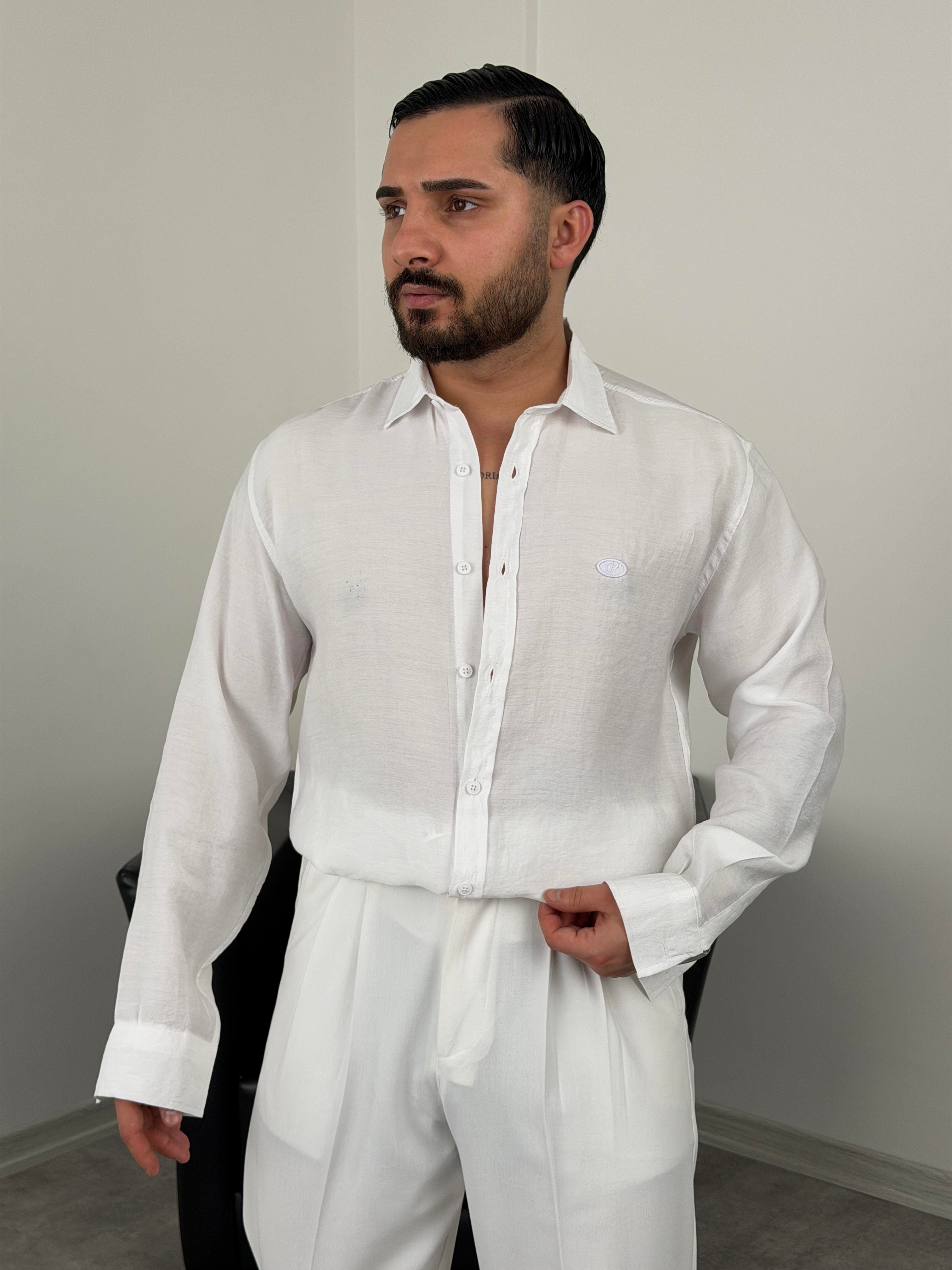 PREMİUM  P NAKIŞ MODAL KUMAŞ  UZUNKOL GÖMLEK BEYAZ