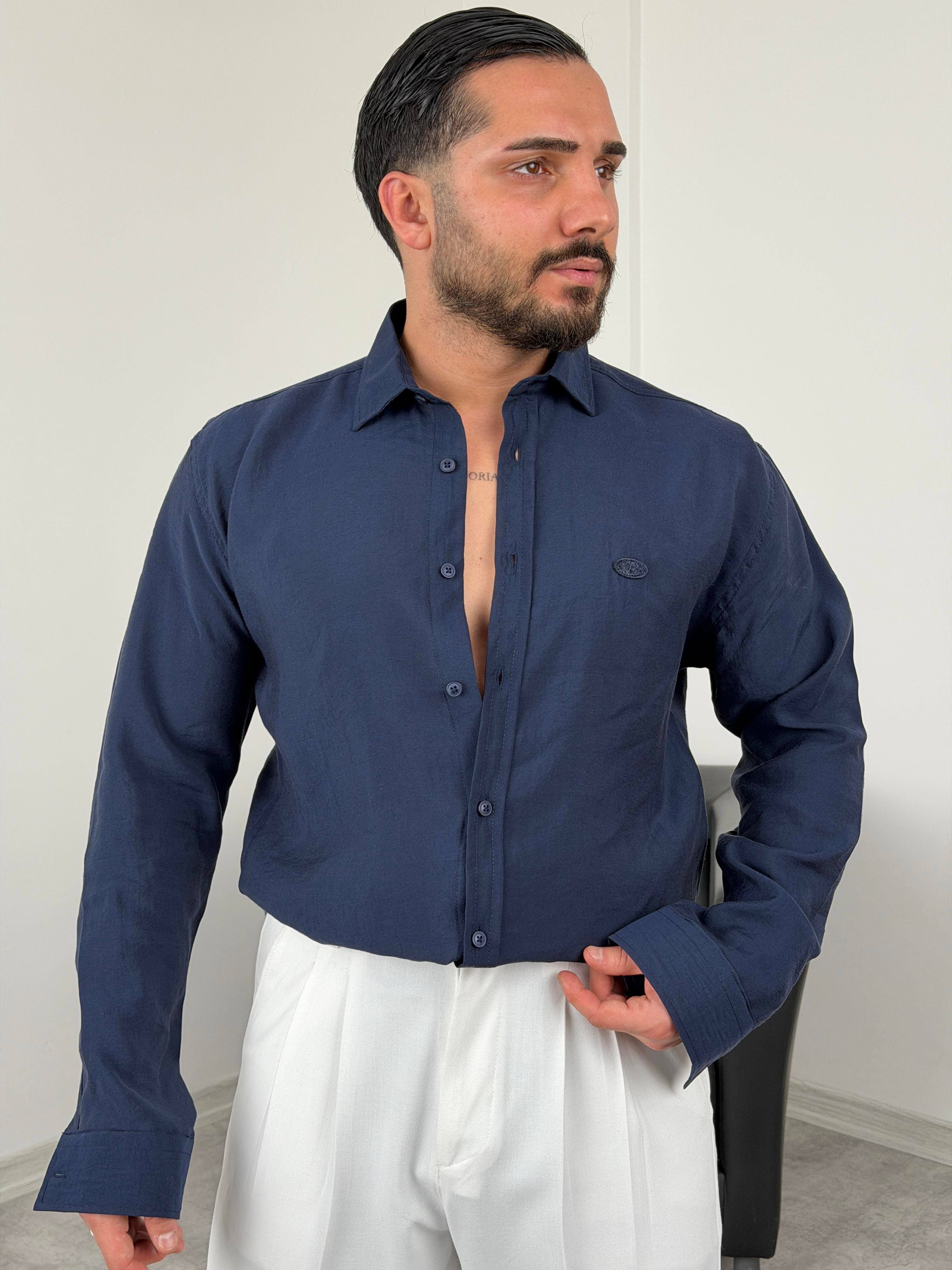 PREMİUM  P NAKIŞ MODAL KUMAŞ  UZUNKOL GÖMLEK LACİVERT