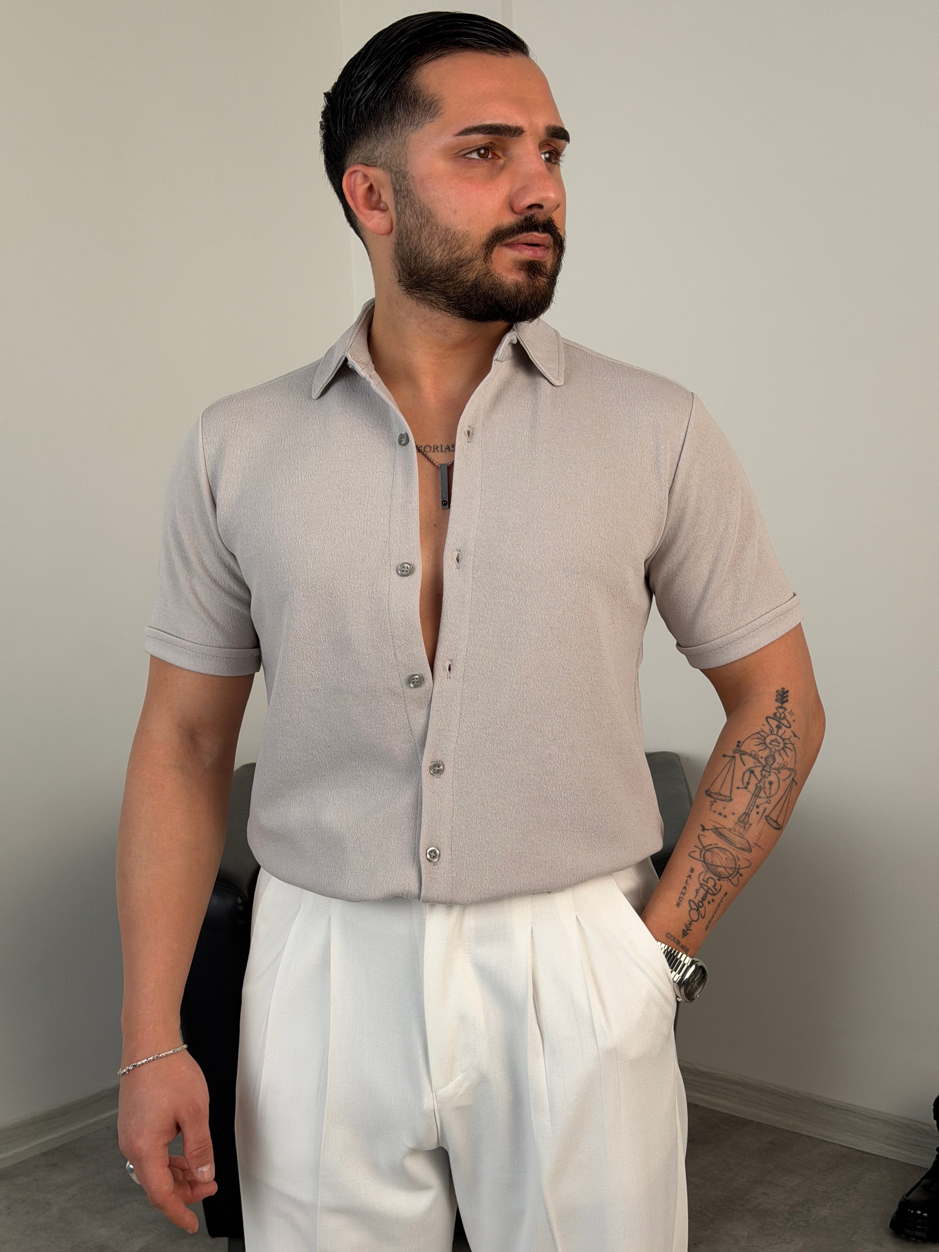 REGULAR FİT DUBLE KOL PAMUK ÖRME KISAKOL GÖMLEK GRİ