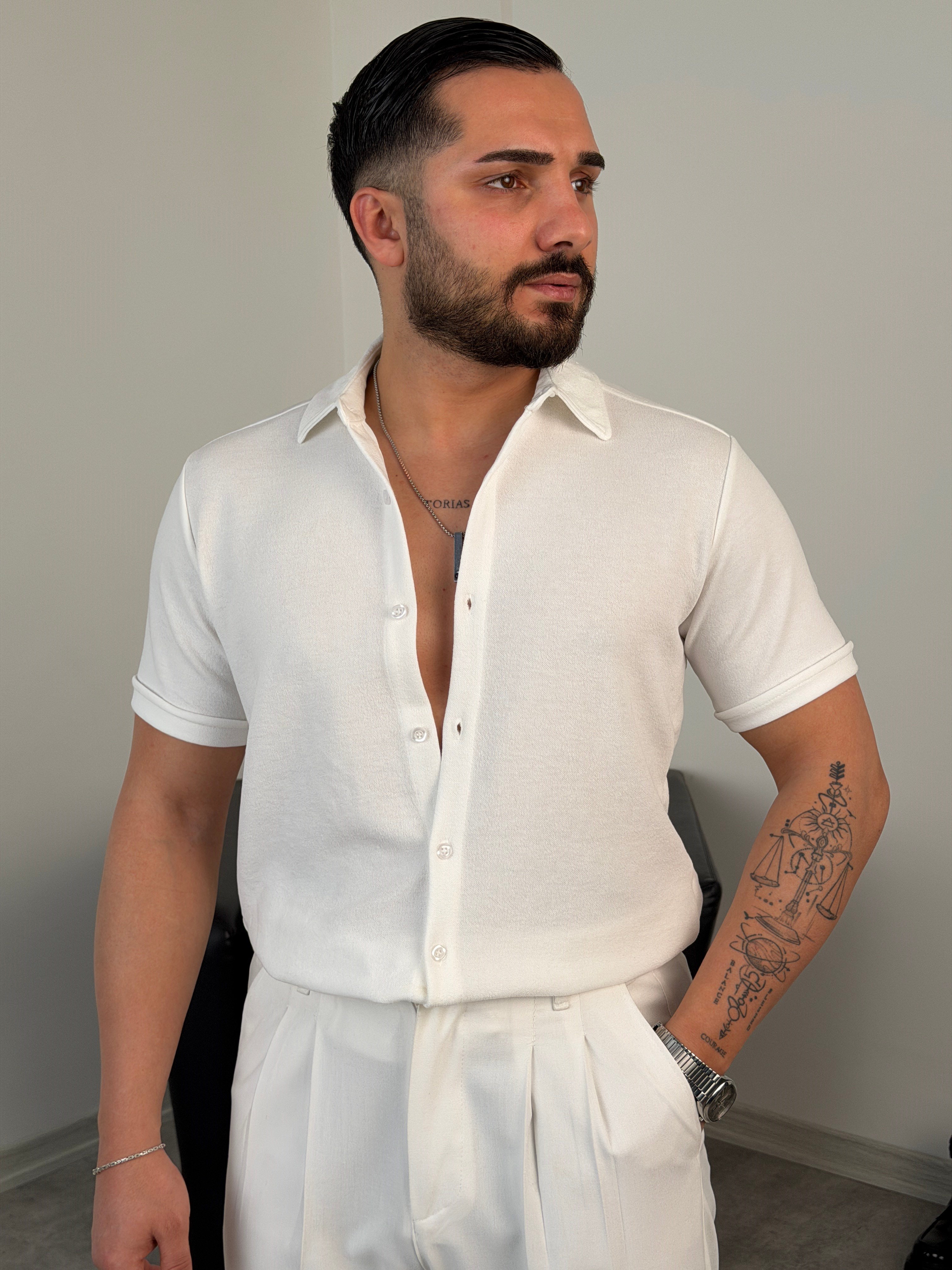 REGULAR FİT DUBLE KOL PAMUK ÖRME KISAKOL GÖMLEK BEYAZ