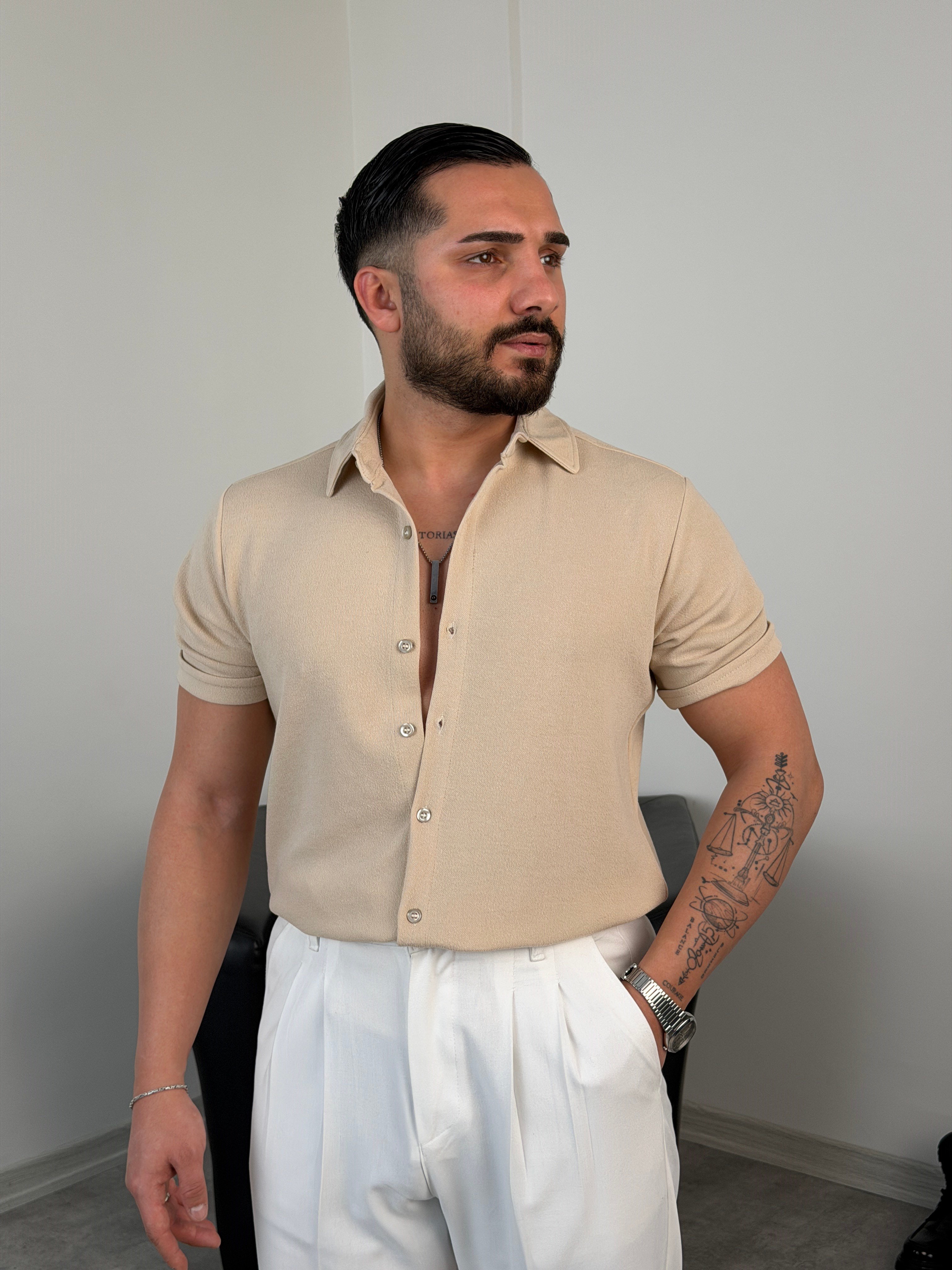 REGULAR FİT DUBLE KOL PAMUK ÖRME KISAKOL GÖMLEK BEJ