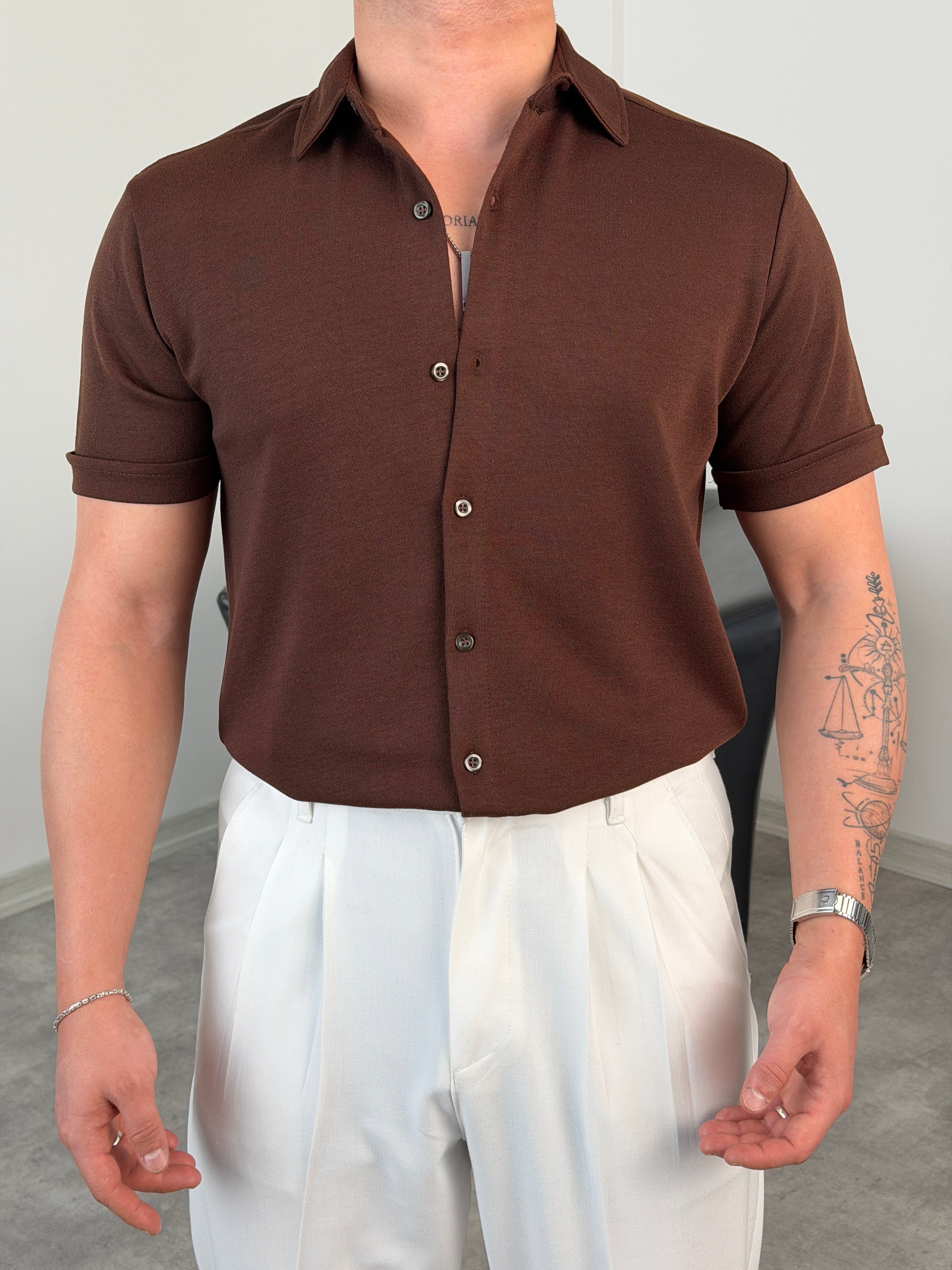 REGULAR FİT DUBLE KOL PAMUK ÖRME KISAKOL GÖMLEK ACI KAHVE