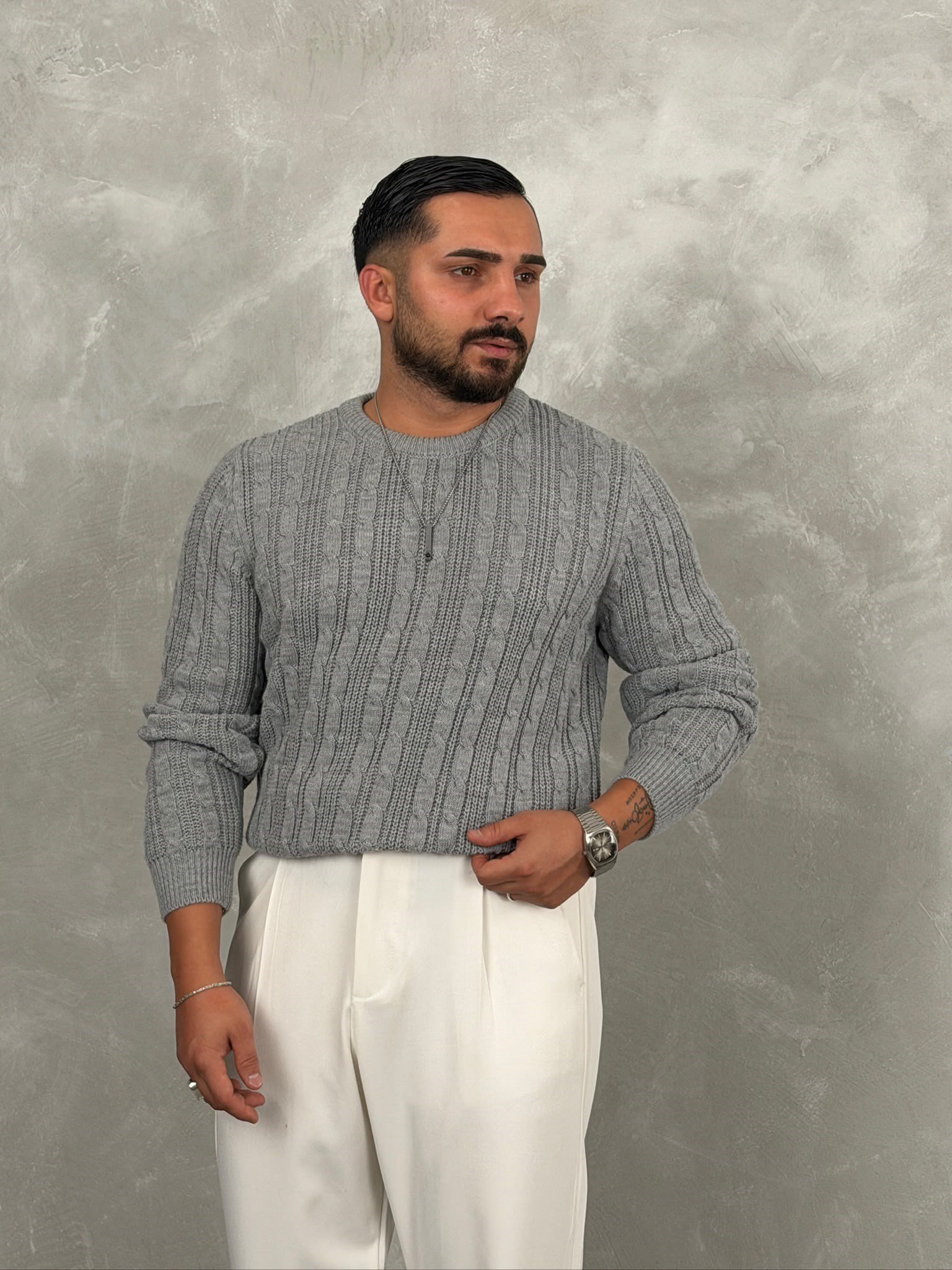 Saç Örgü Premium Bisiklet Yaka Sweatshirt Gri