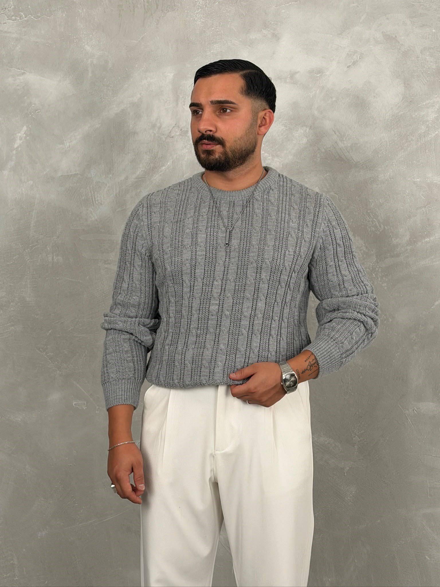 Saç Örgü Premium Bisiklet Yaka Sweatshirt Gri