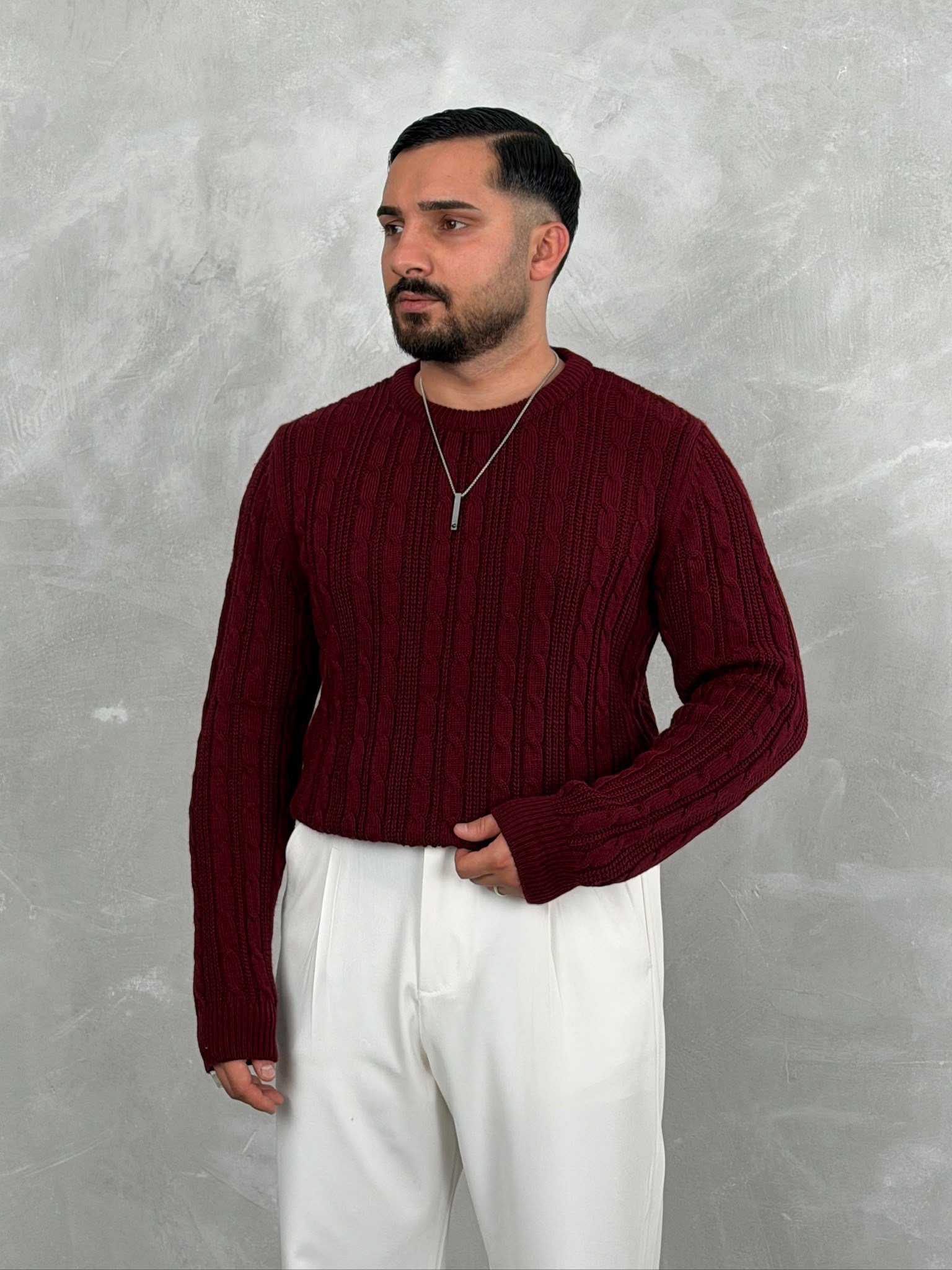 Saç Örgü Premium Bisiklet Yaka Sweatshirt Bordo