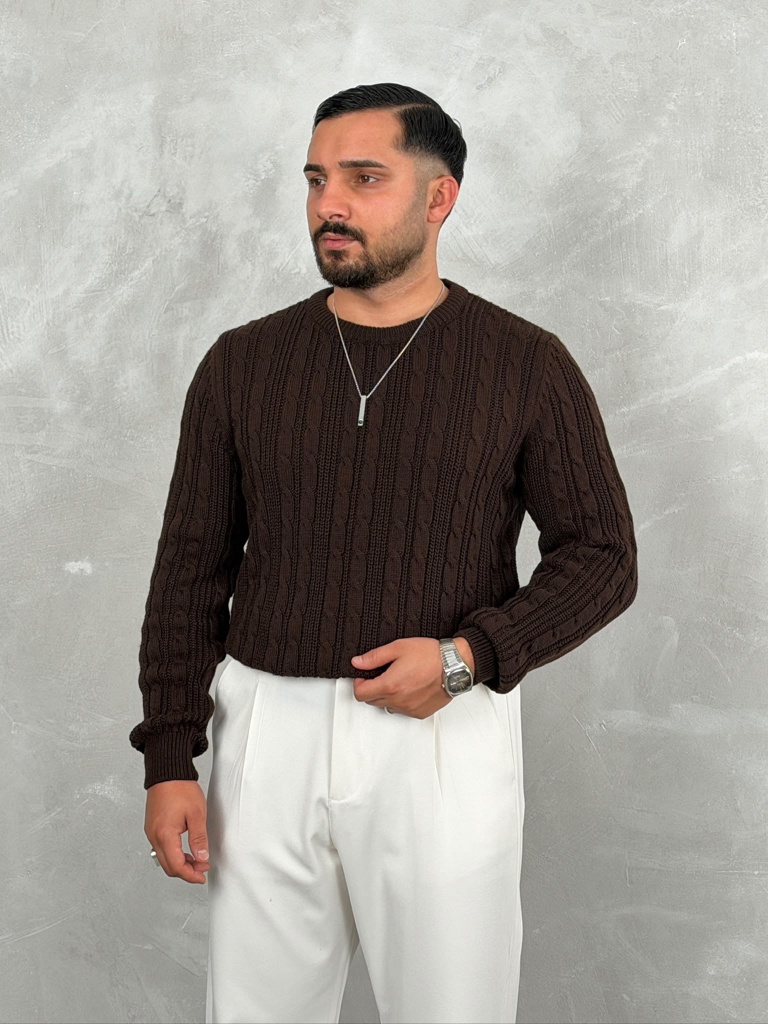 Saç Örgü Premium Bisiklet Yaka Sweatshirt Acı Kahve