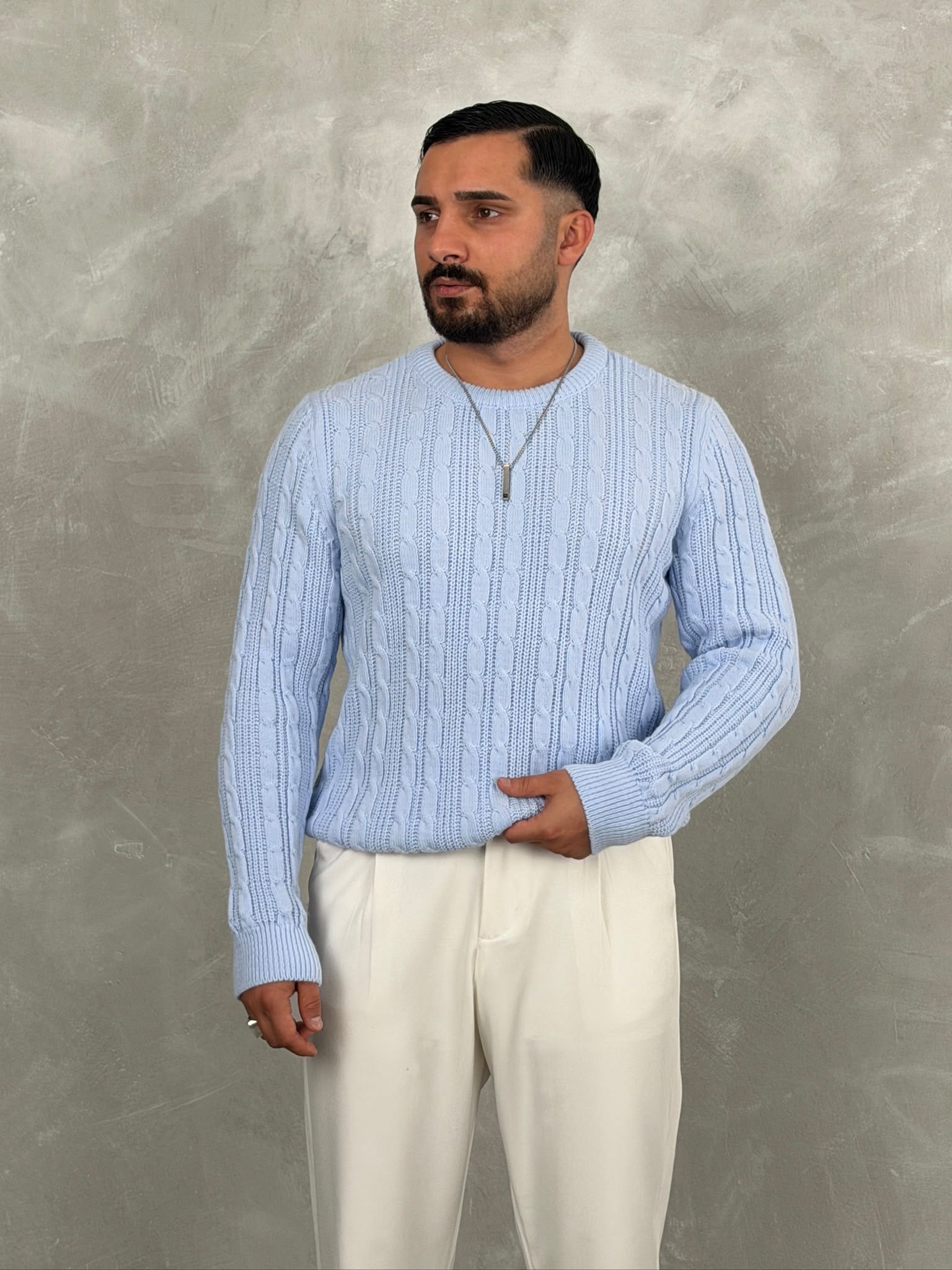 Saç Örgü Premium Bisiklet Yaka Sweatshirt Bebe Mavi