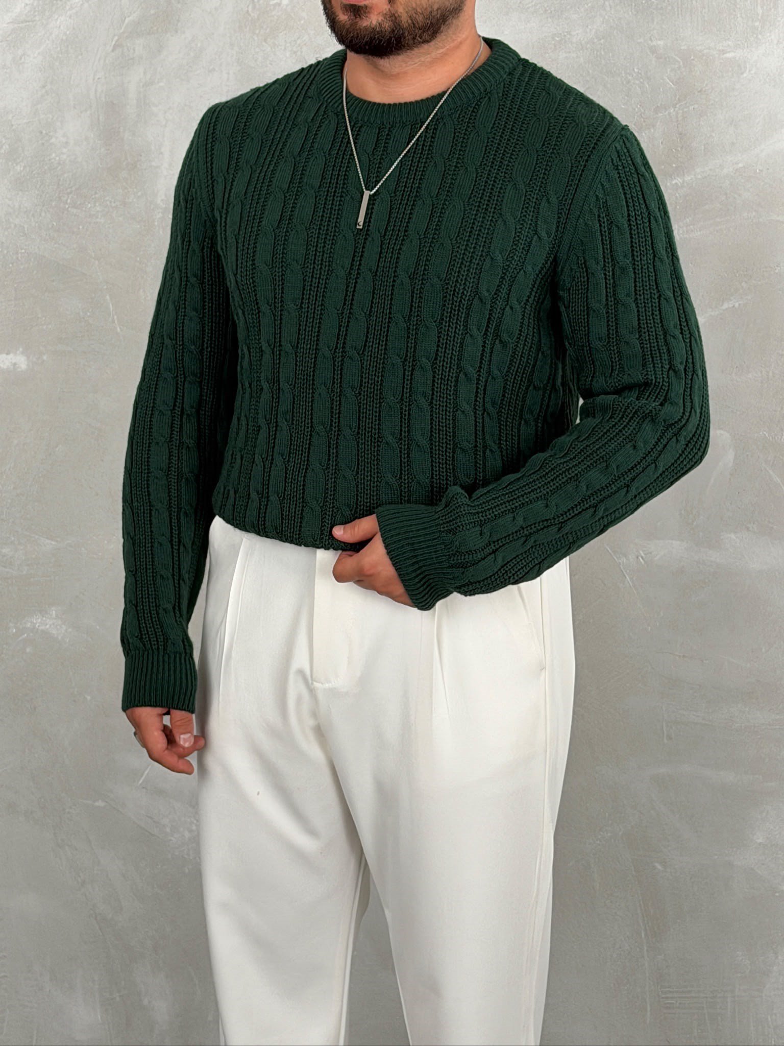Saç Örgü Premium Bisiklet Yaka Sweatshirt Zümrüt Yeşili