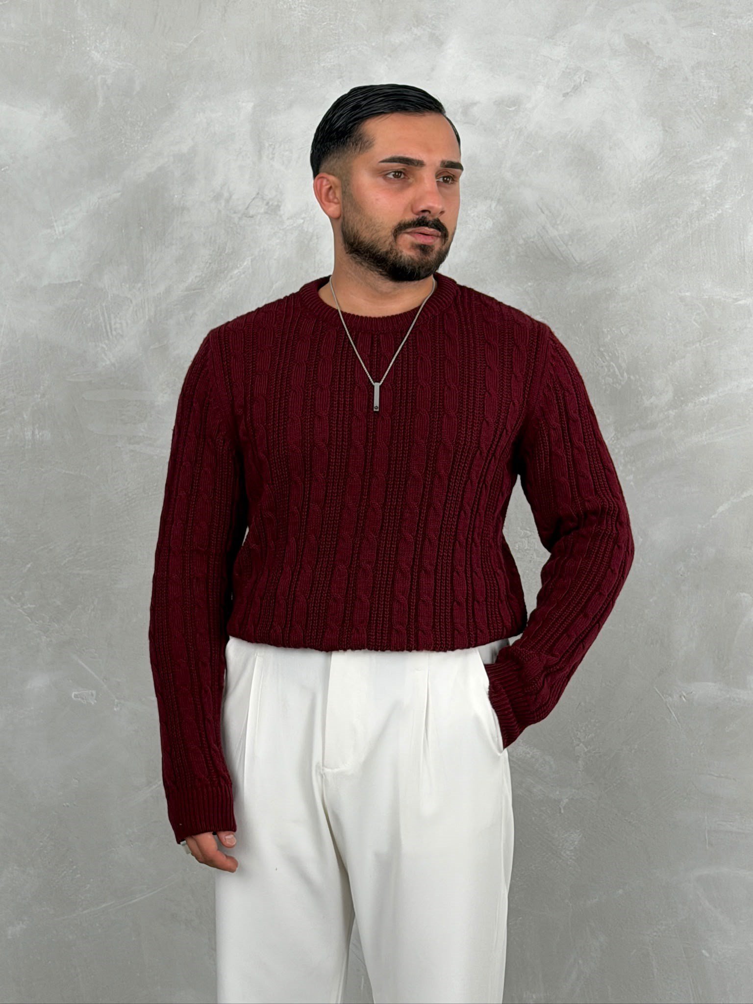 Saç Örgü Premium Bisiklet Yaka Sweatshirt Bordo
