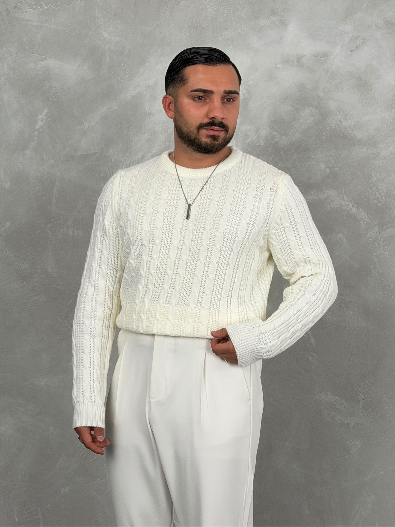 Saç Örgü Premium Bisiklet Yaka Sweatshirt Beyaz