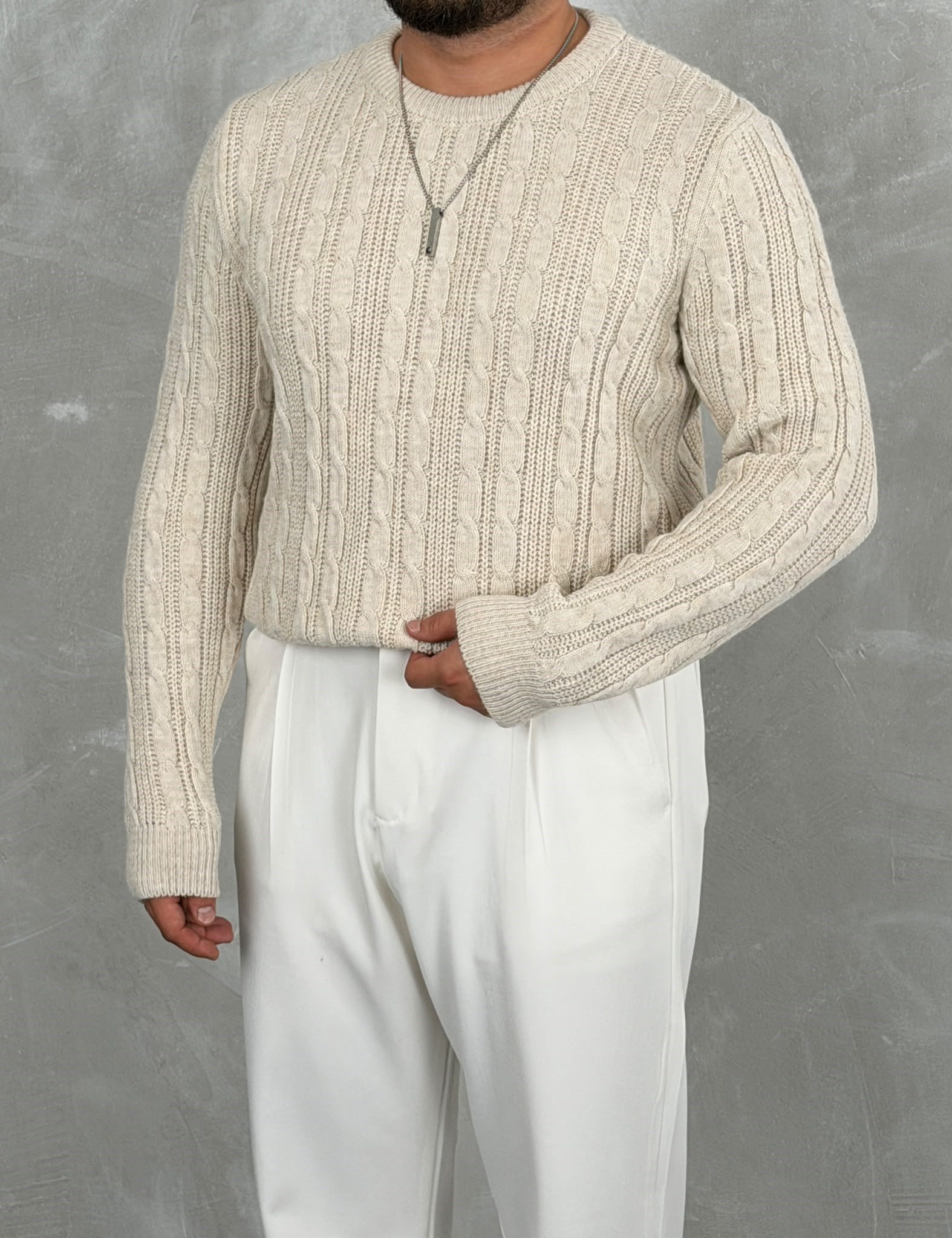 Saç Örgü Premium Bisiklet Yaka Sweatshirt Krem