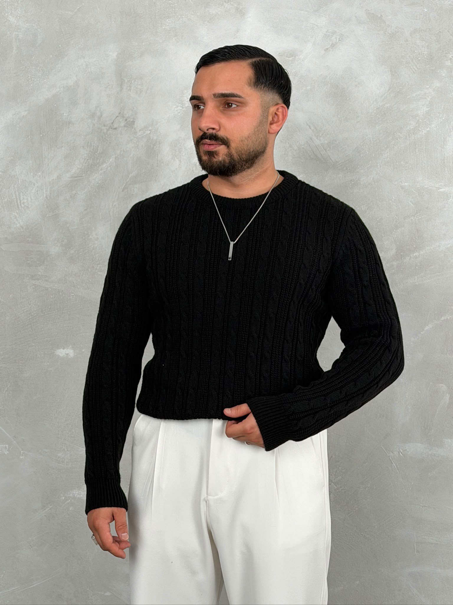 Saç Örgü Premium Bisiklet Yaka Sweatshirt Siyah