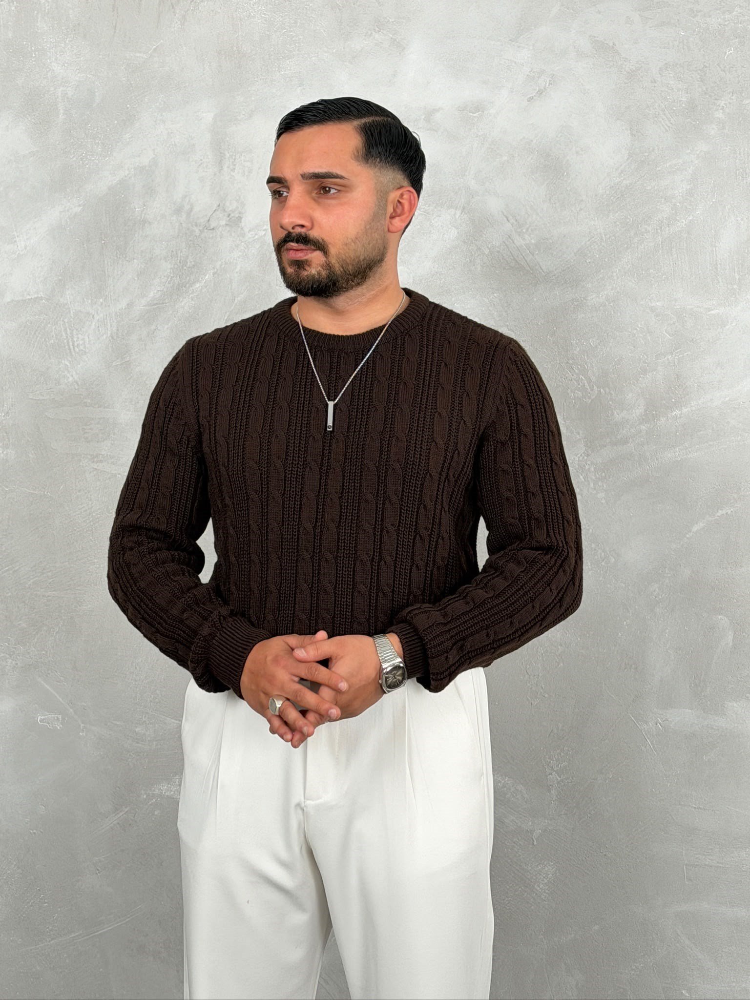 Saç Örgü Premium Bisiklet Yaka Sweatshirt Acı Kahve
