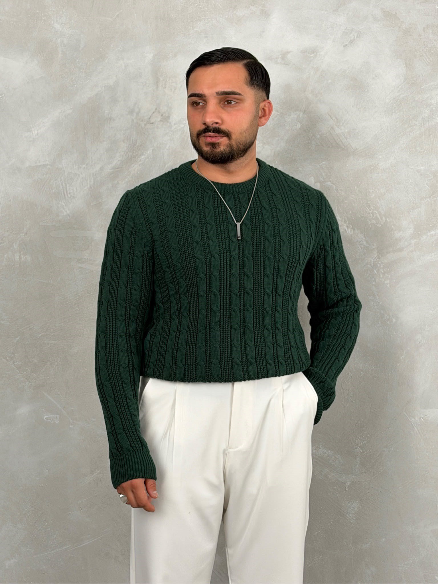 Saç Örgü Premium Bisiklet Yaka Sweatshirt Zümrüt Yeşili