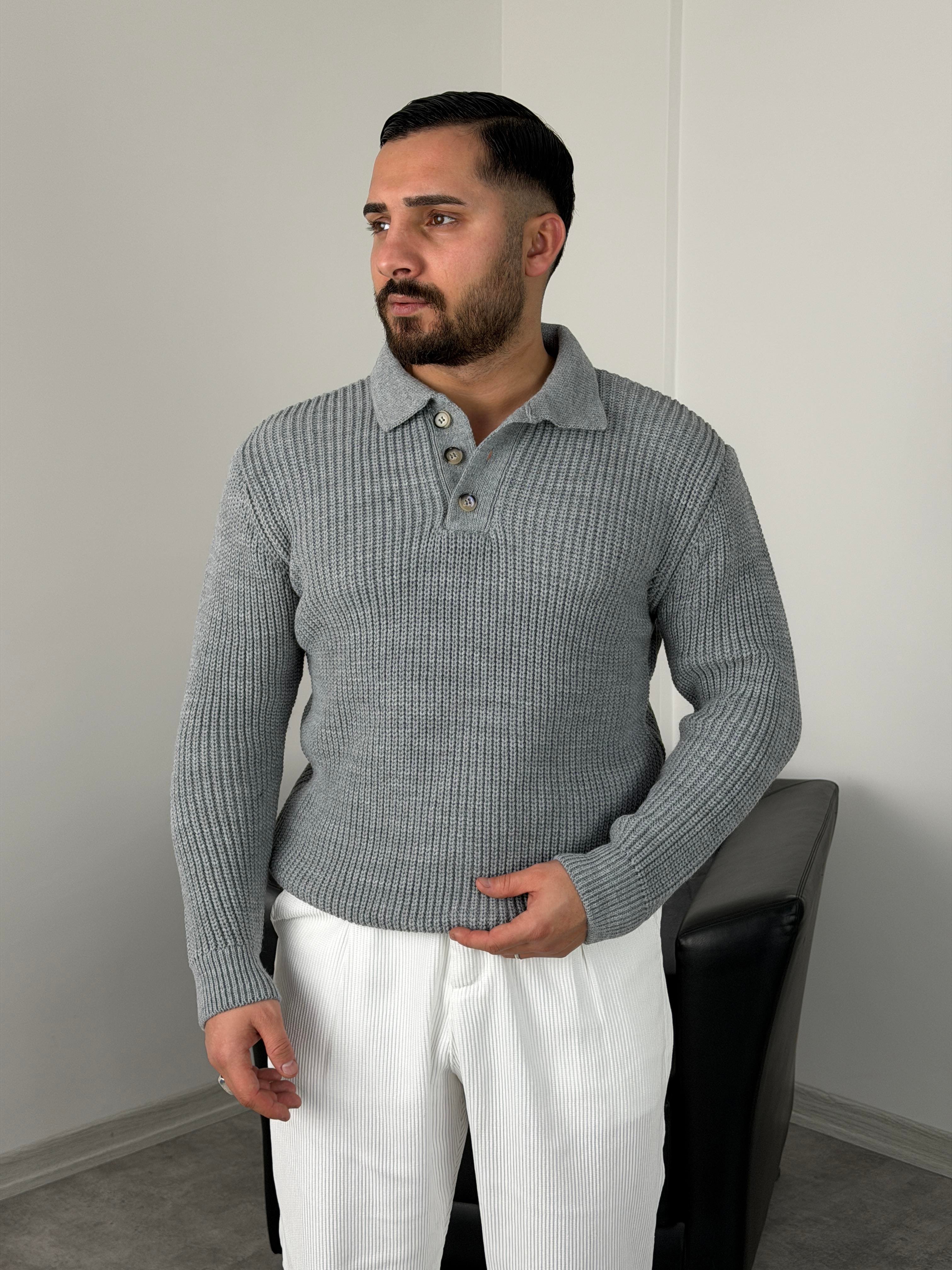 SELANİK KALIN ÖRGÜ DÜĞMELİ TRİKO POLO YAKA GRİ