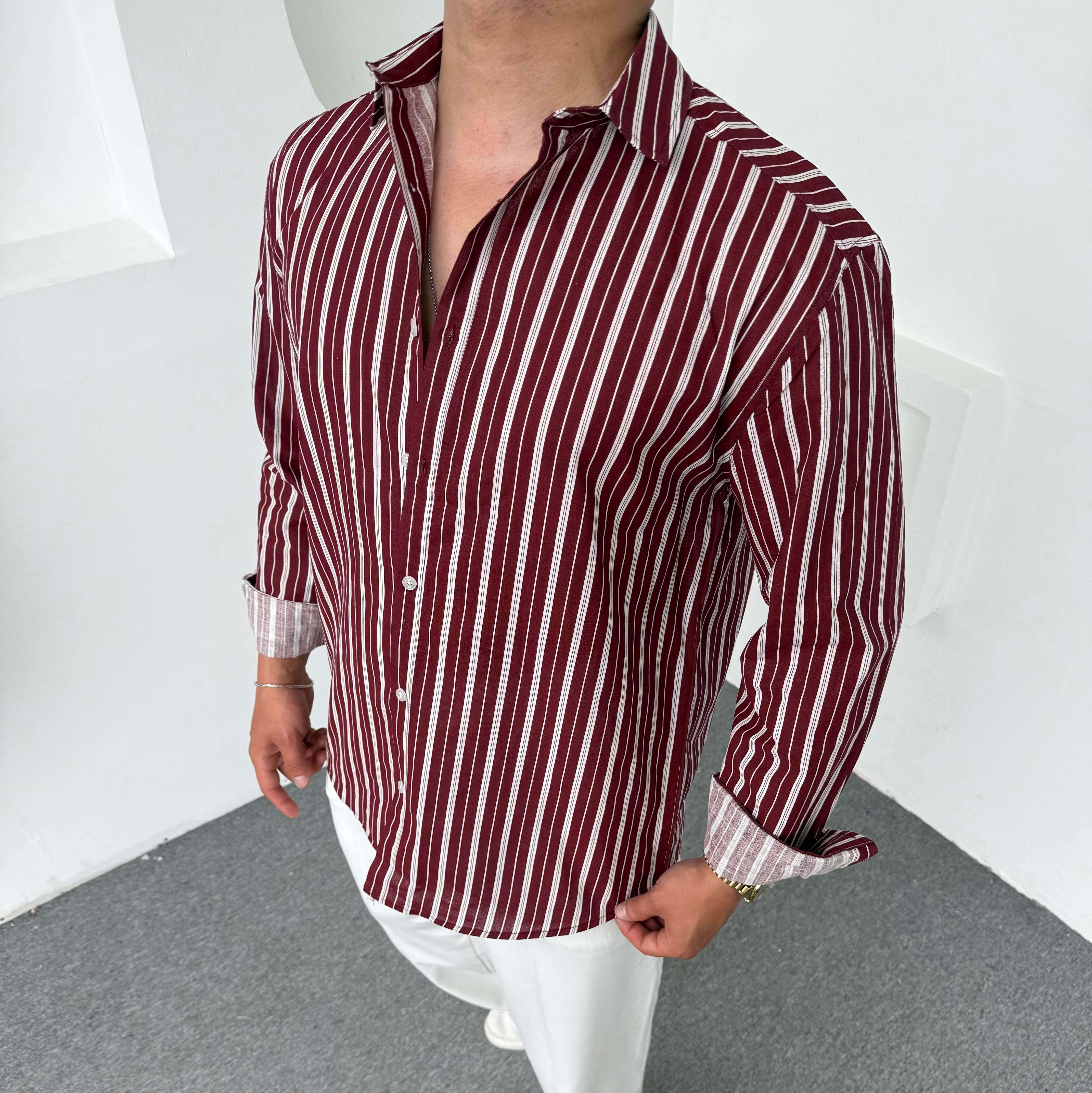 Şerit Detaylı Keten Gömlek Bordo