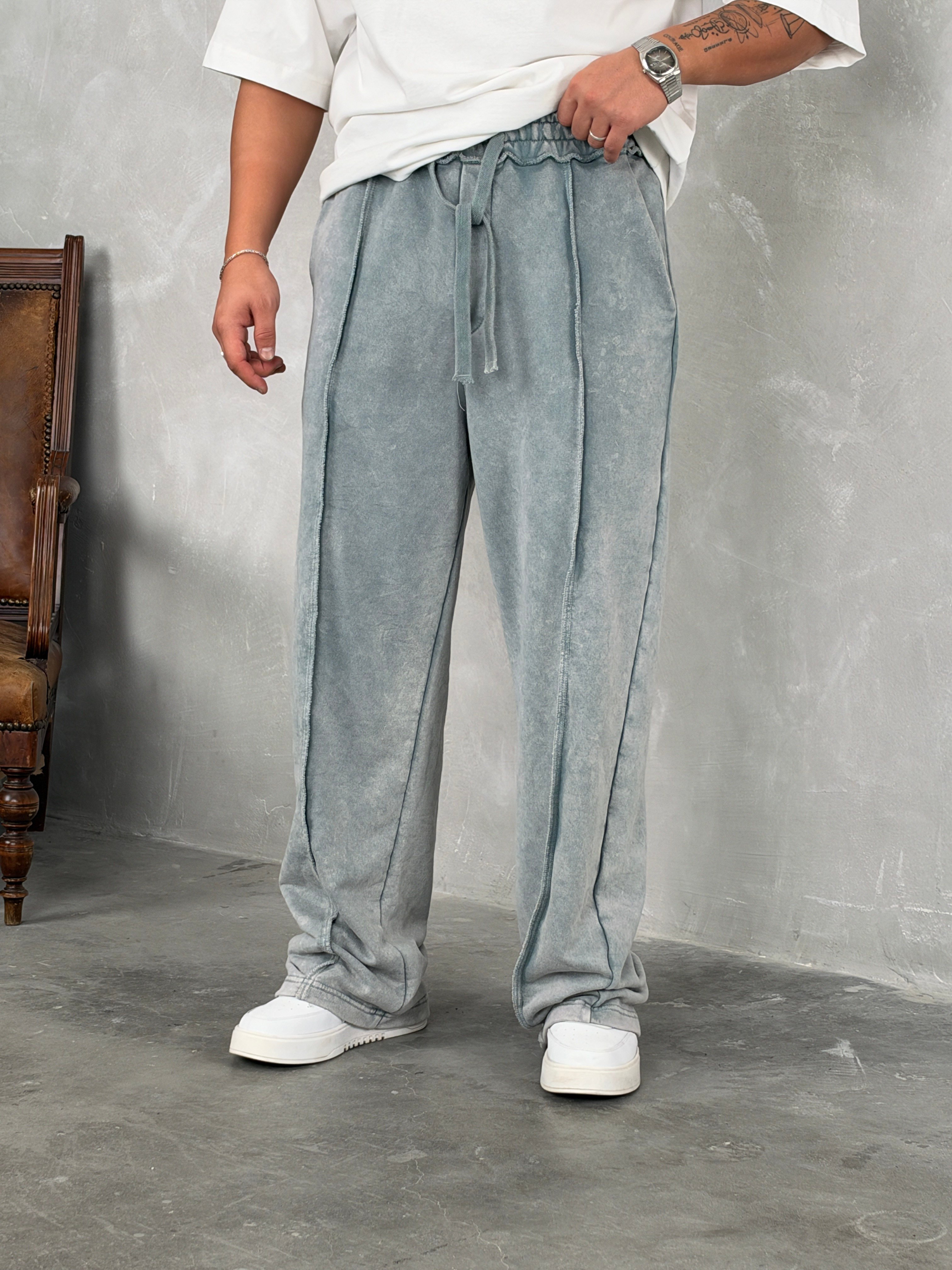 Ters Dikiş Detaylı Süper Baggy Eşofman Gri