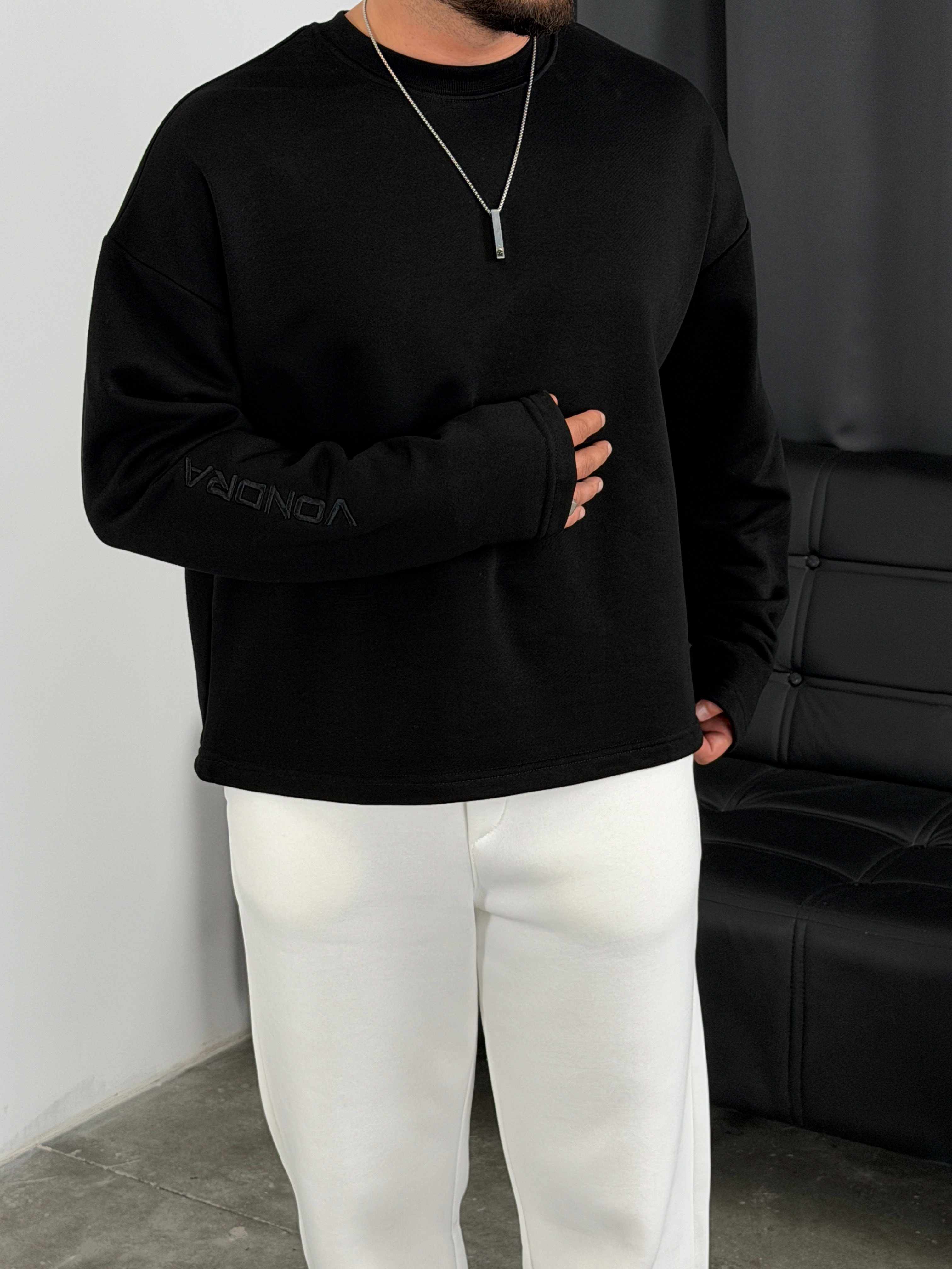 Vondra Nakış Premium Basic 3 İplik Şardonsuz Sweatshirt Siyah