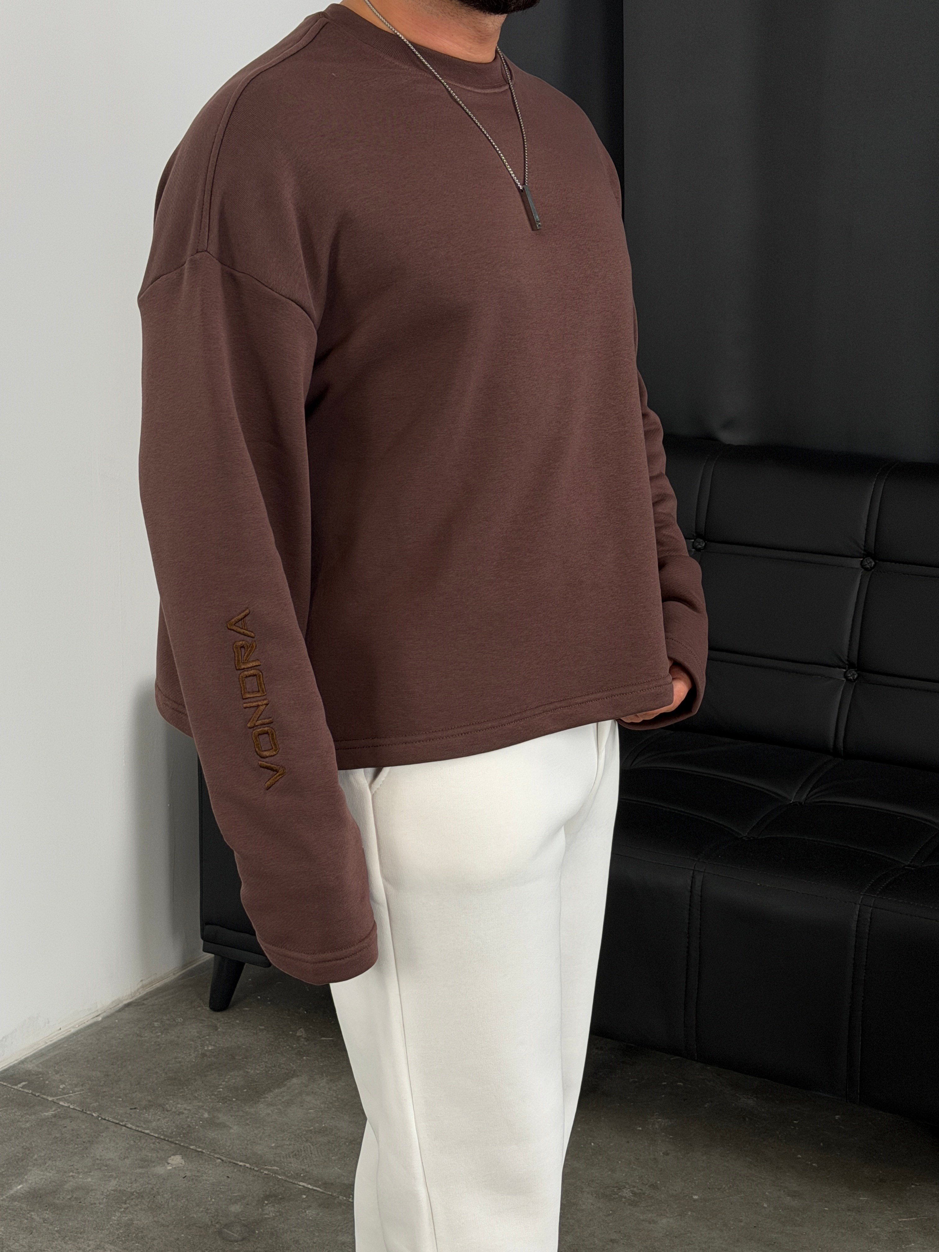 Vondra Nakış Premium Basic 3 İplik Şardonsuz Sweatshirt Acı Kahve