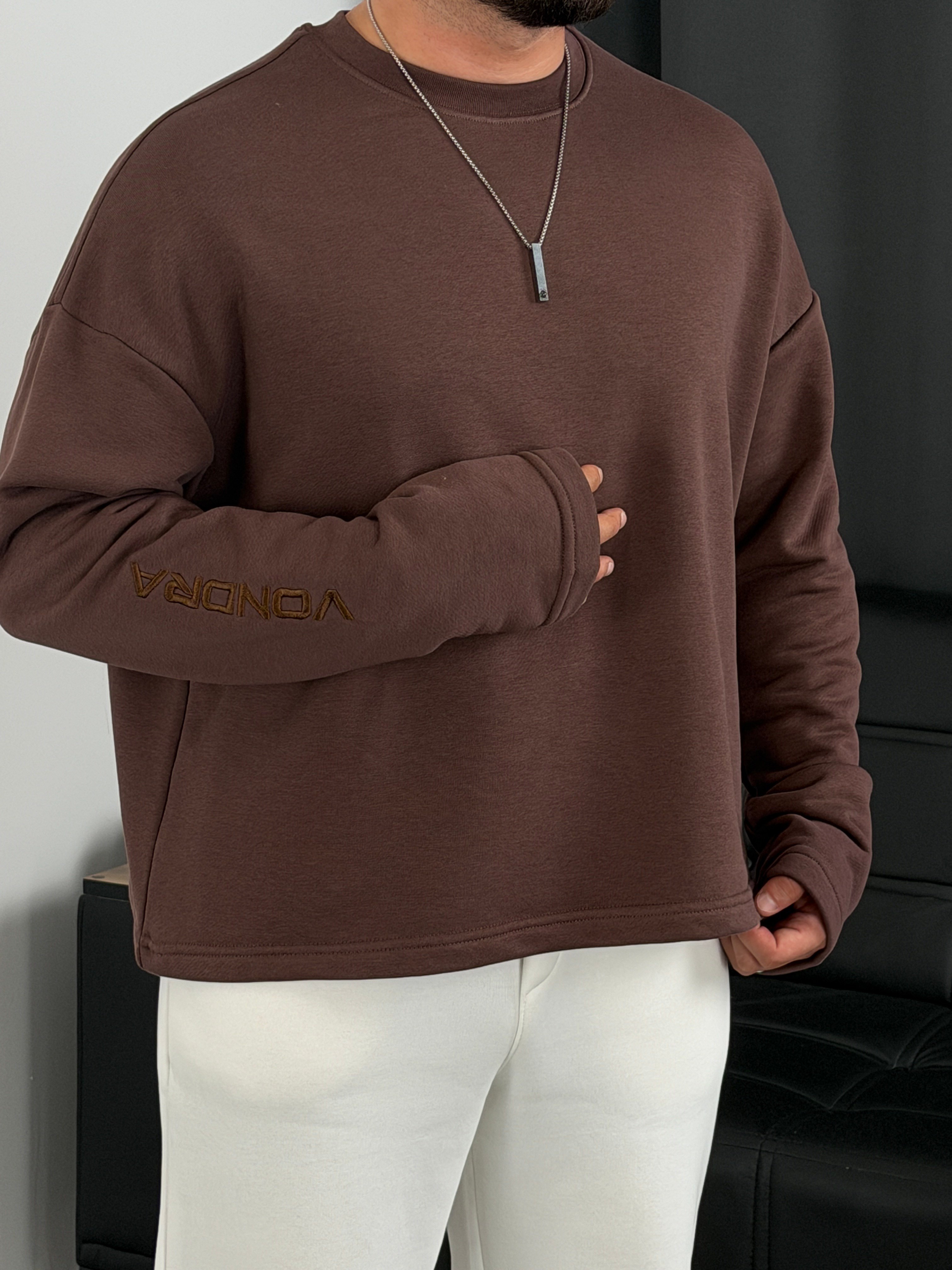 Vondra Nakış Premium Basic 3 İplik Şardonsuz Sweatshirt Acı Kahve