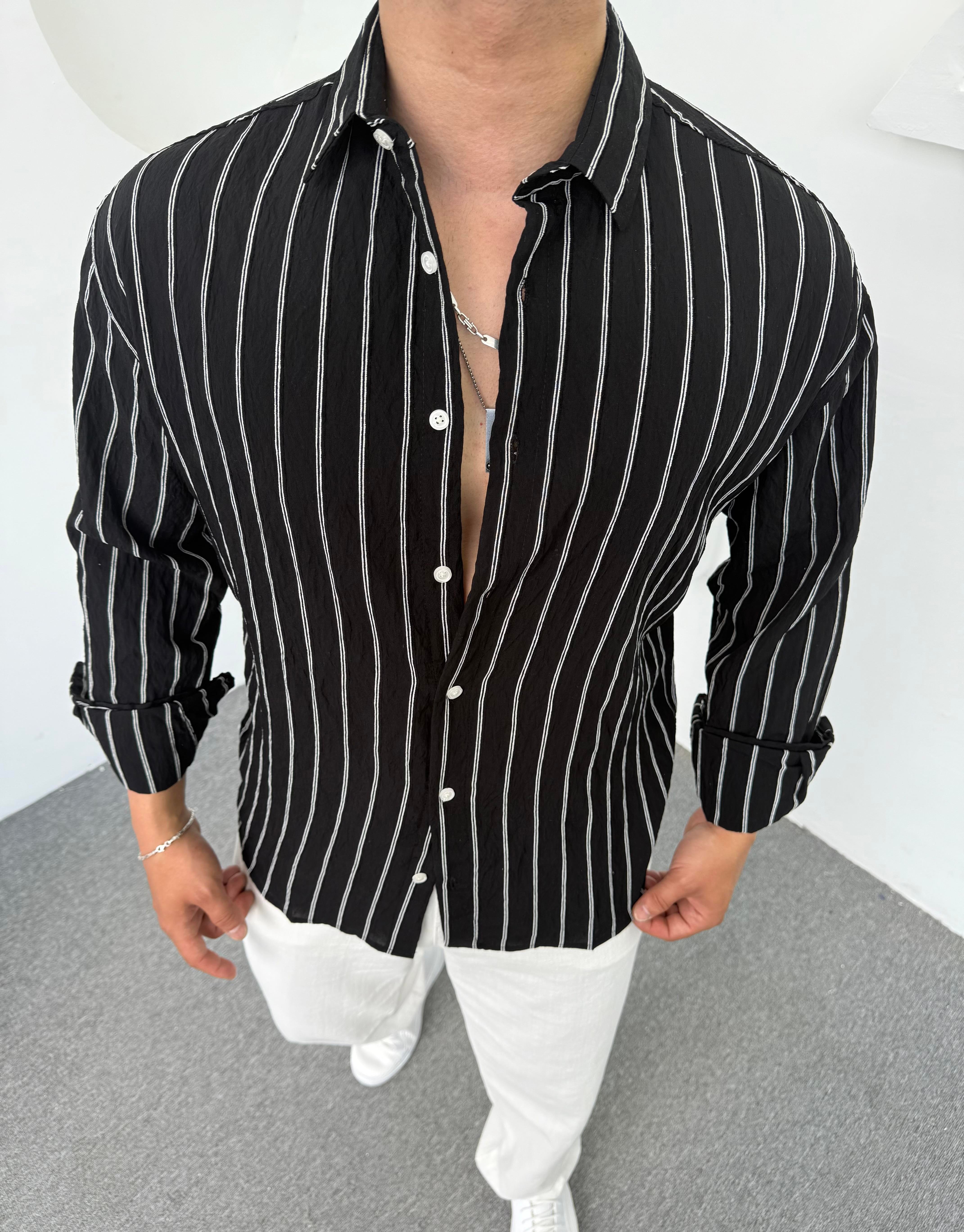 Yıkamalı Keten Gömlek Siyah