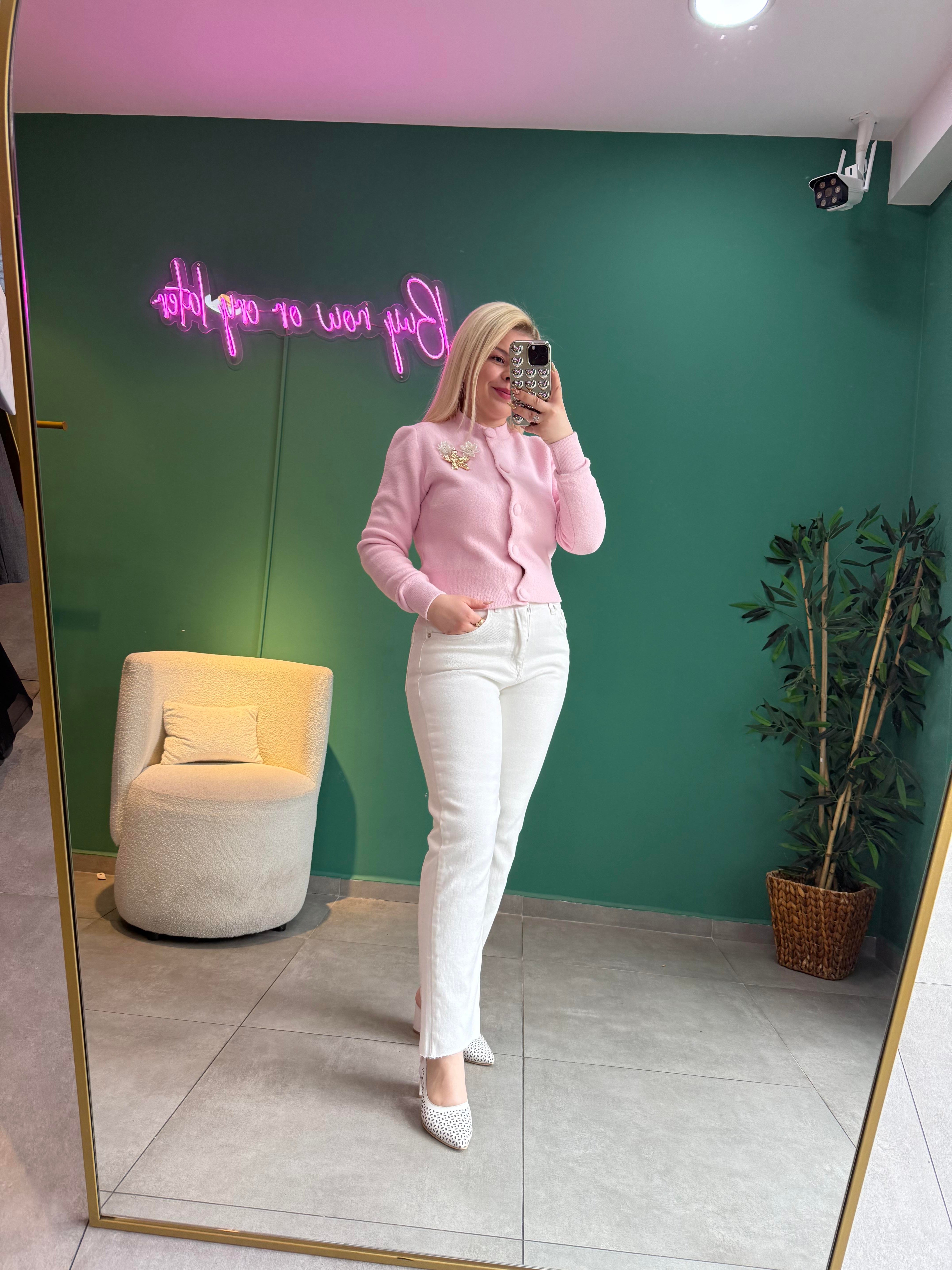 Angora Pembe Broşlu Hırka