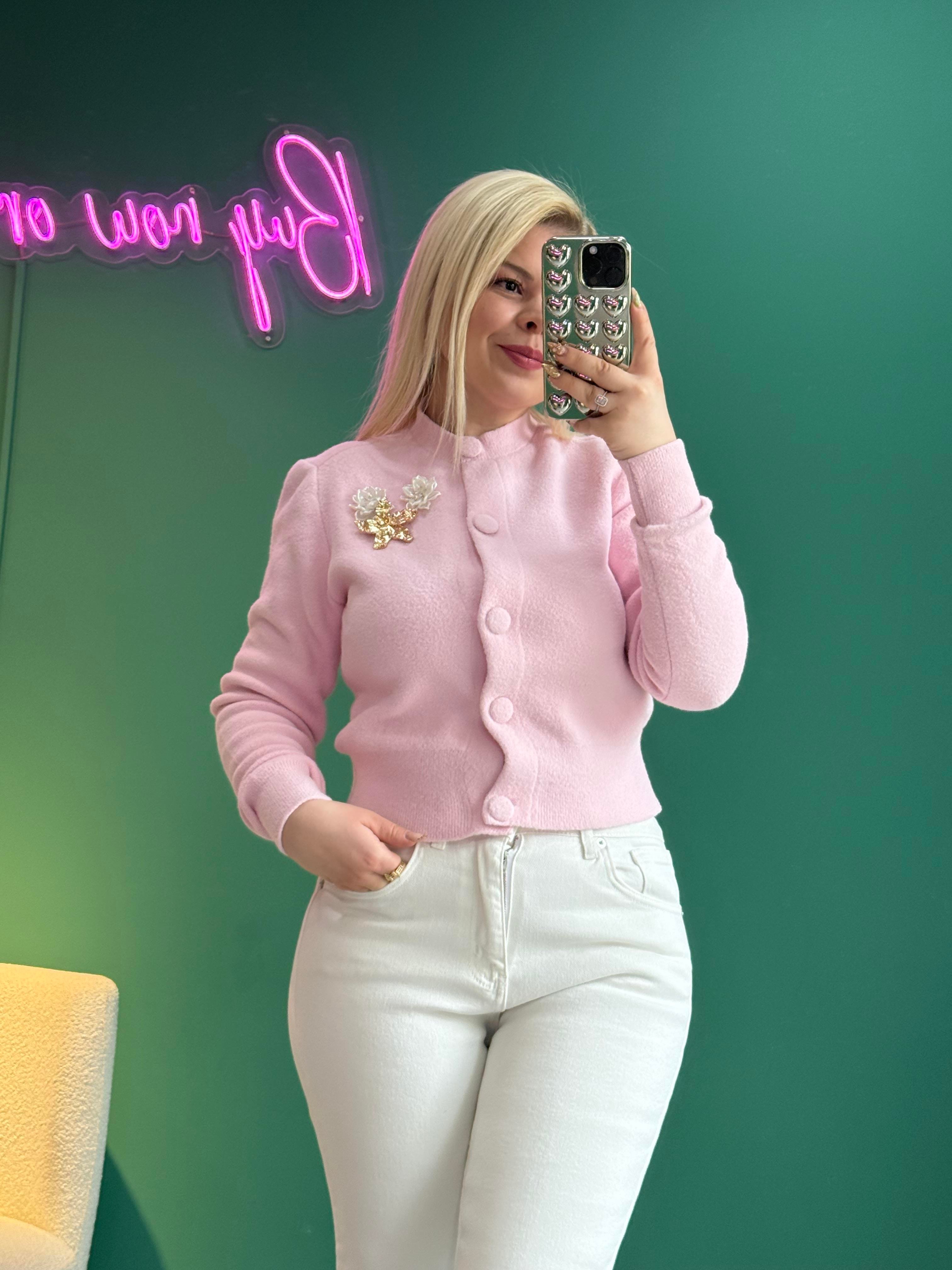 Angora Pembe Broşlu Hırka