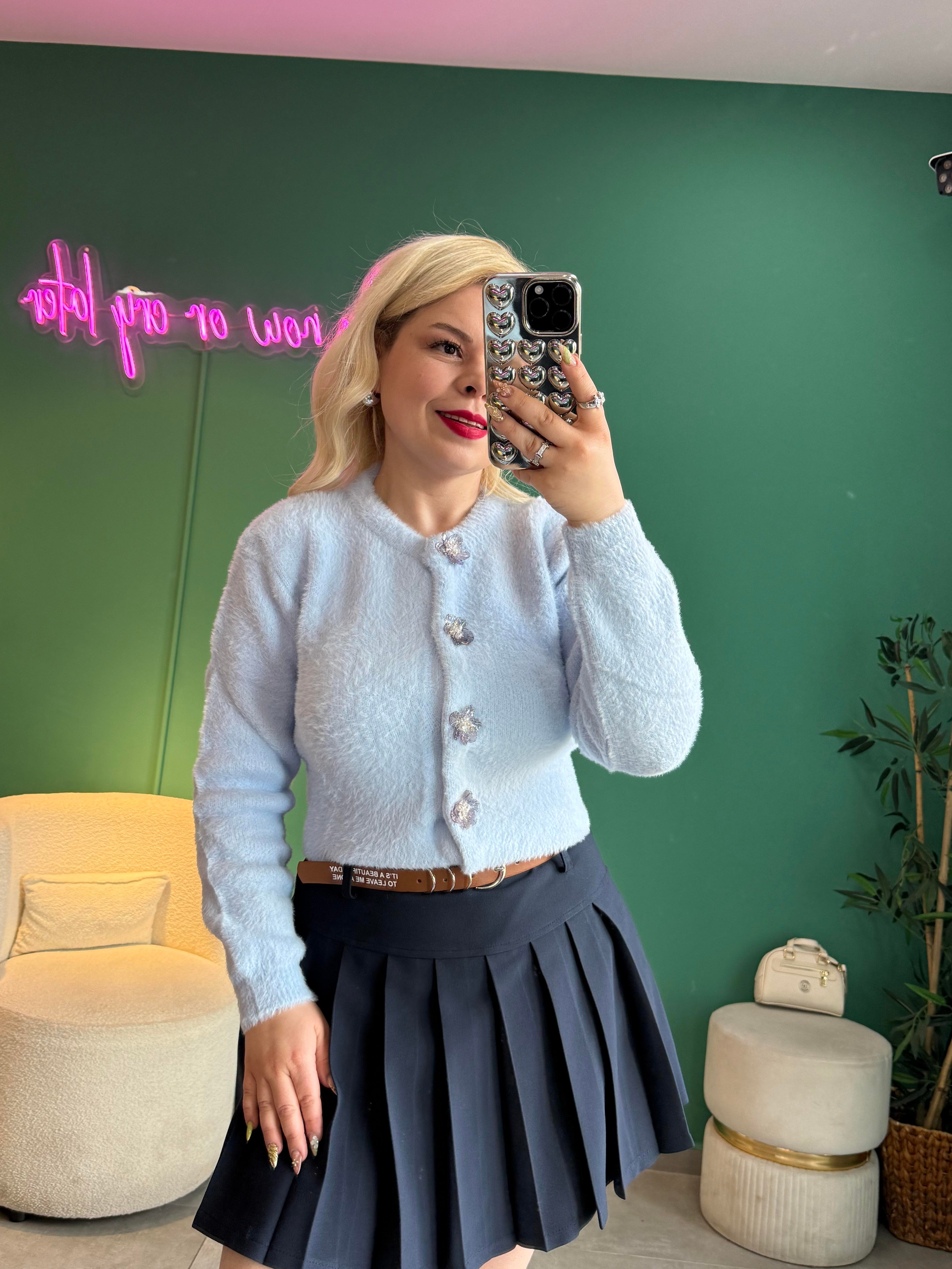 Bebe Mavi Çiçek Düğmeli Yumoş Hırka
