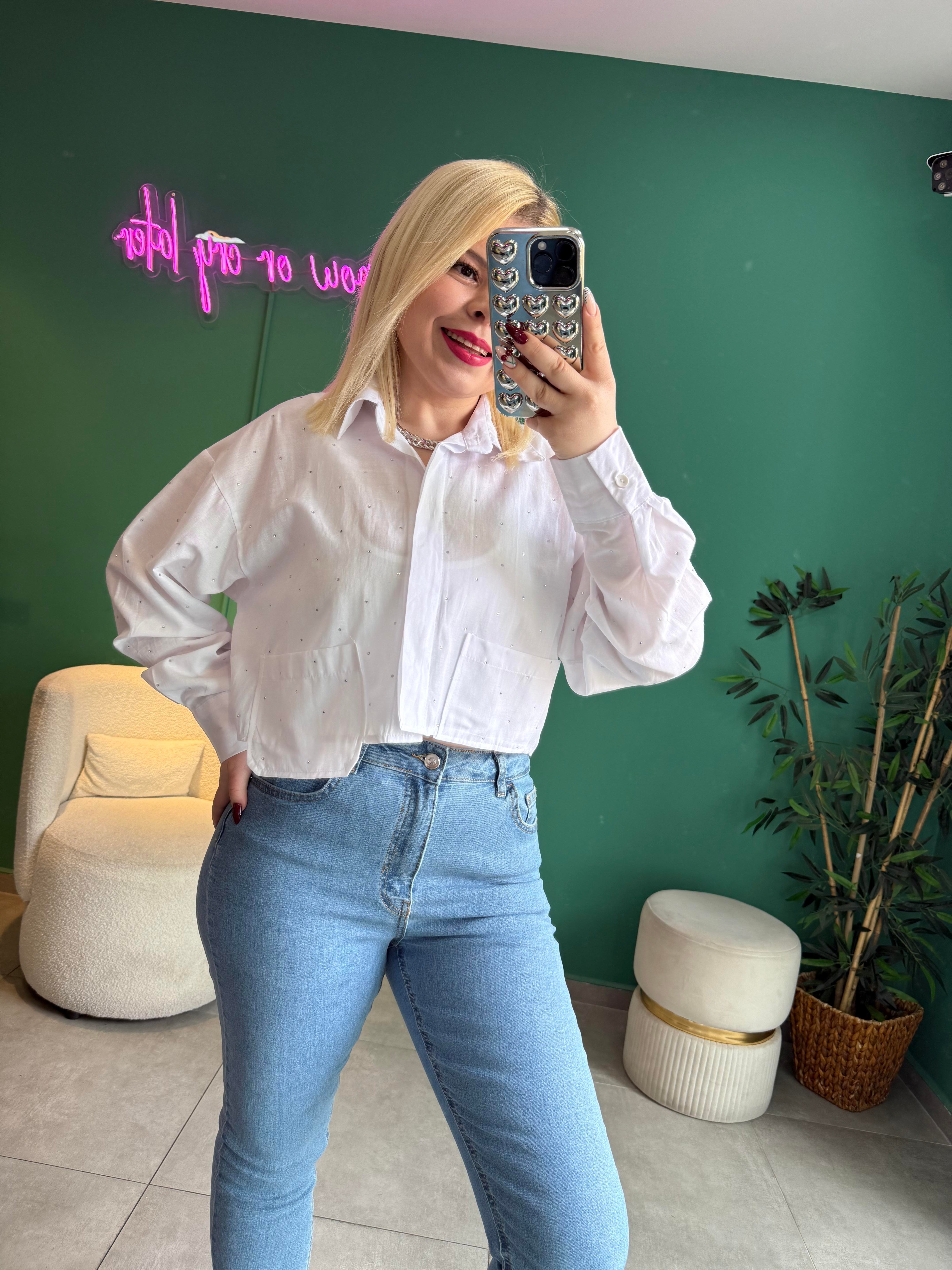 Beyaz Taşlı Crop Gömlek