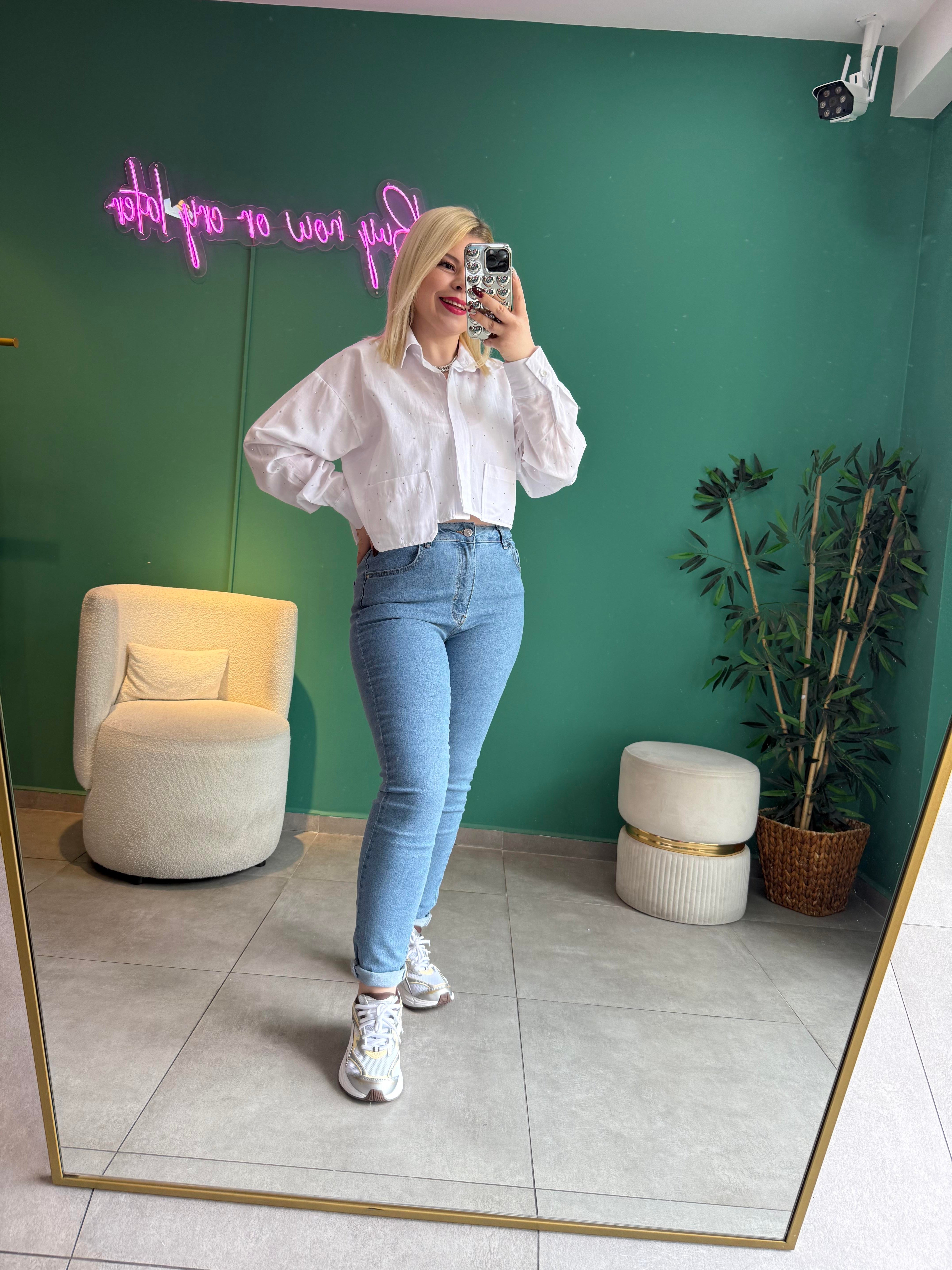 Beyaz Taşlı Crop Gömlek