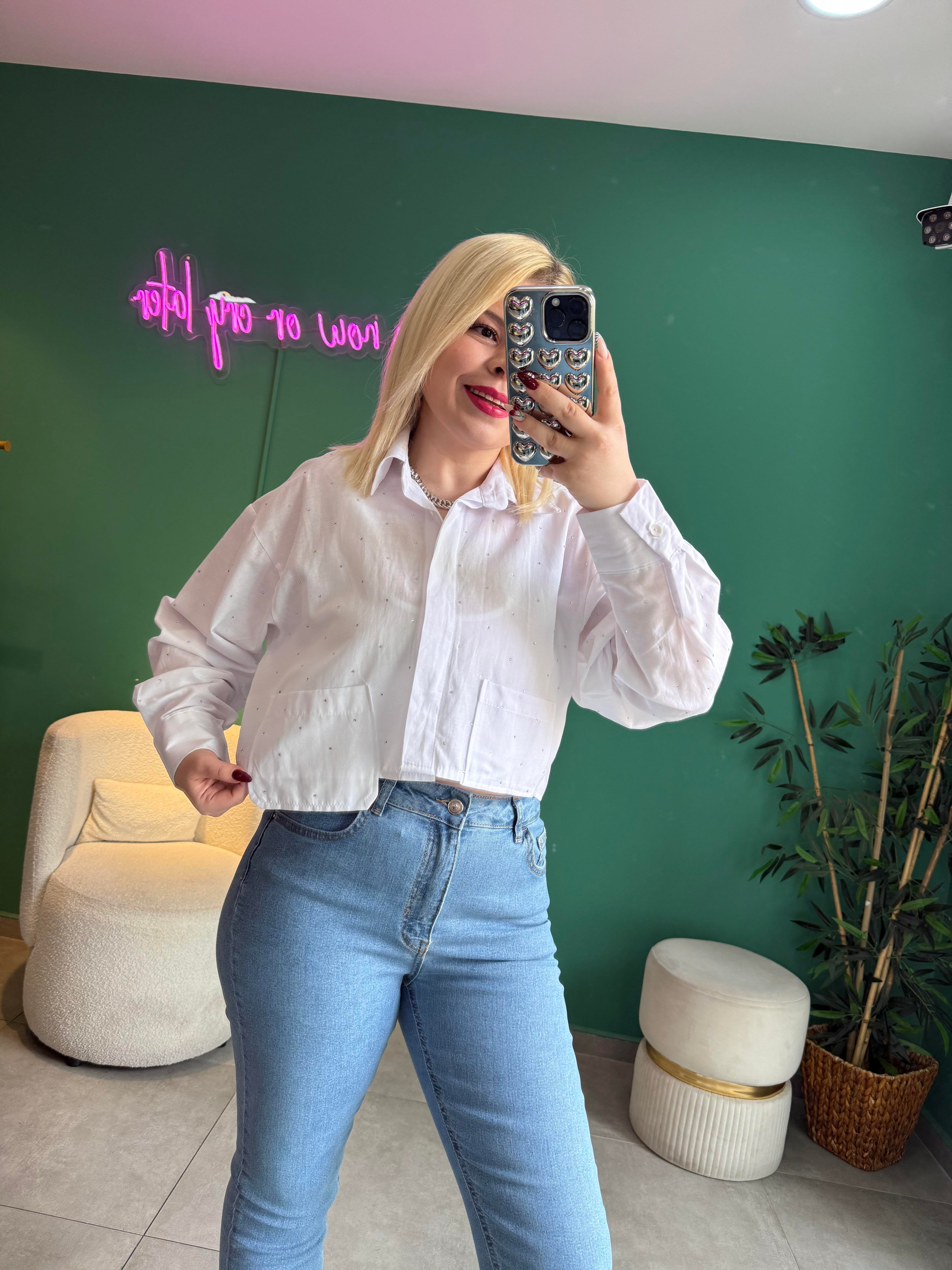 Beyaz Taşlı Crop Gömlek