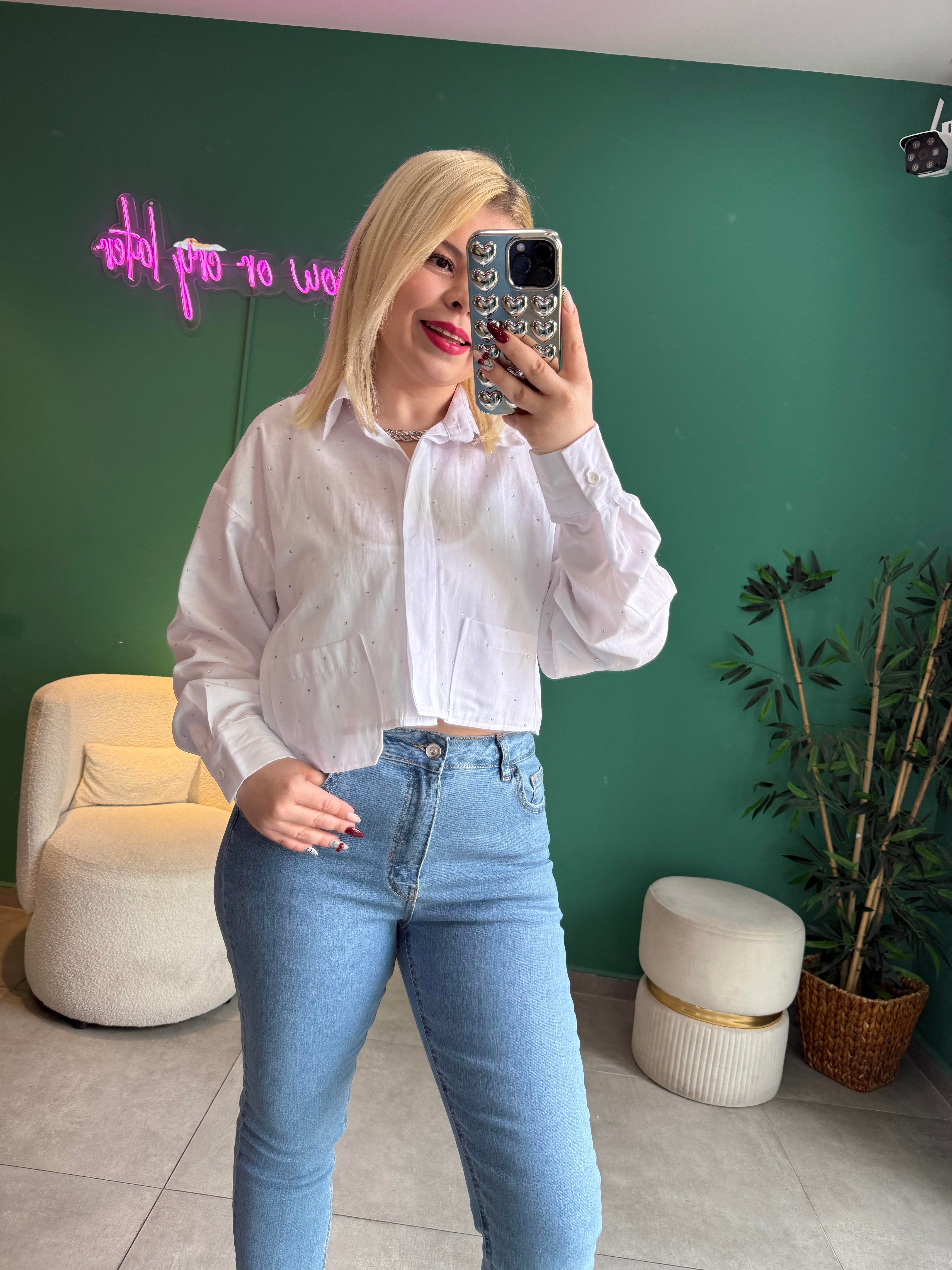 Beyaz Taşlı Crop Gömlek