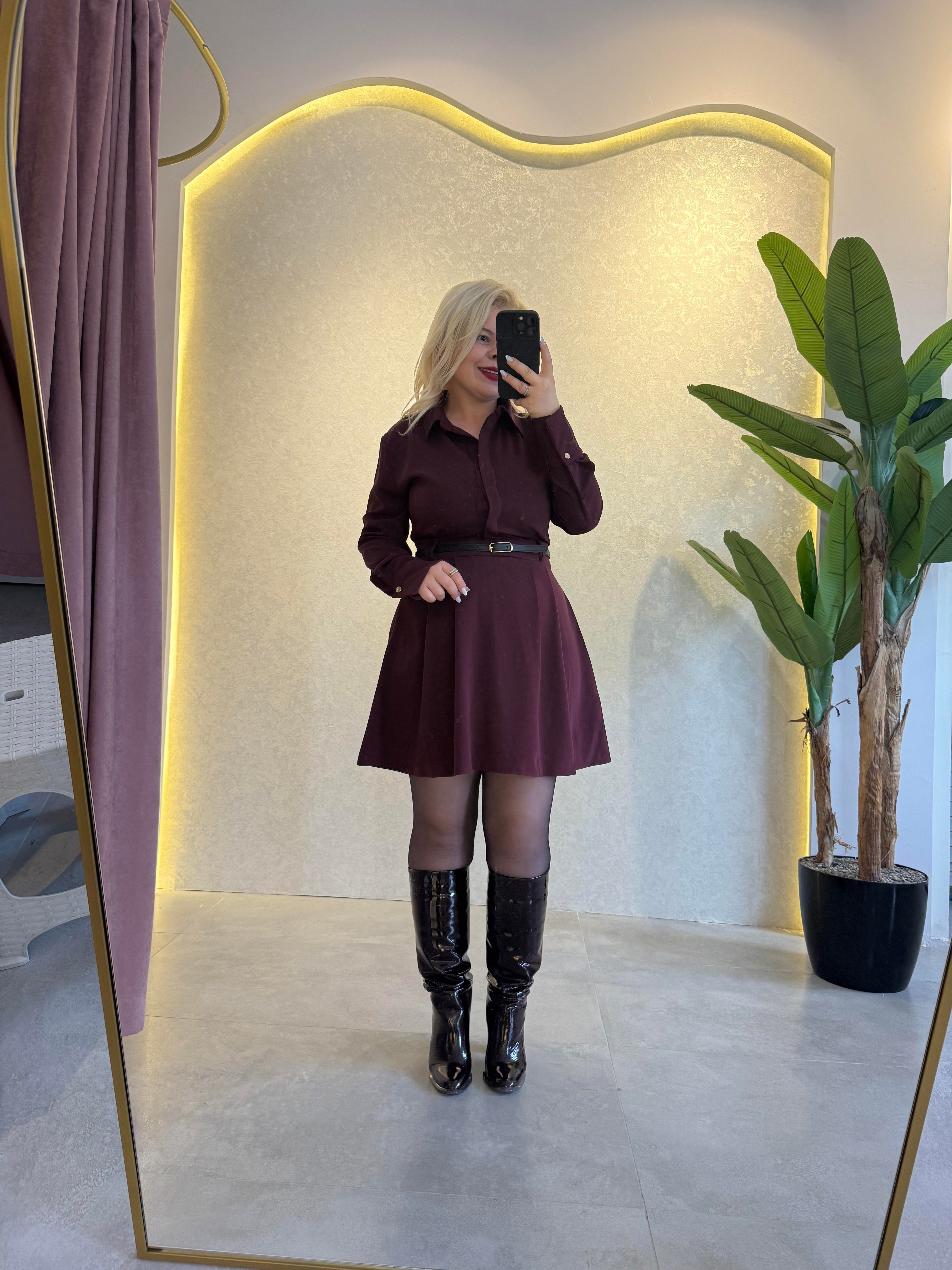 Bordo Kemerli Elbise