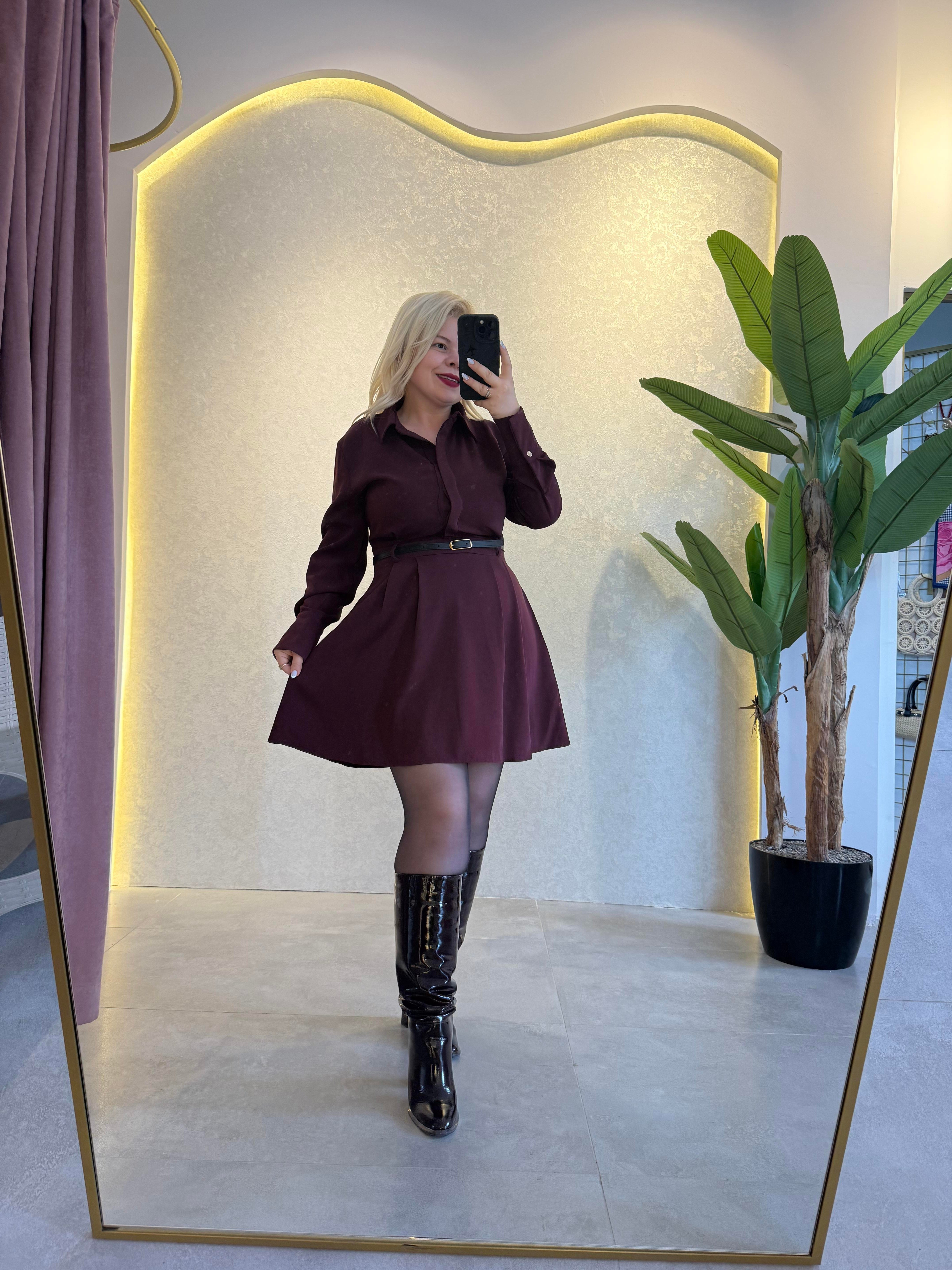 Bordo Kemerli Elbise