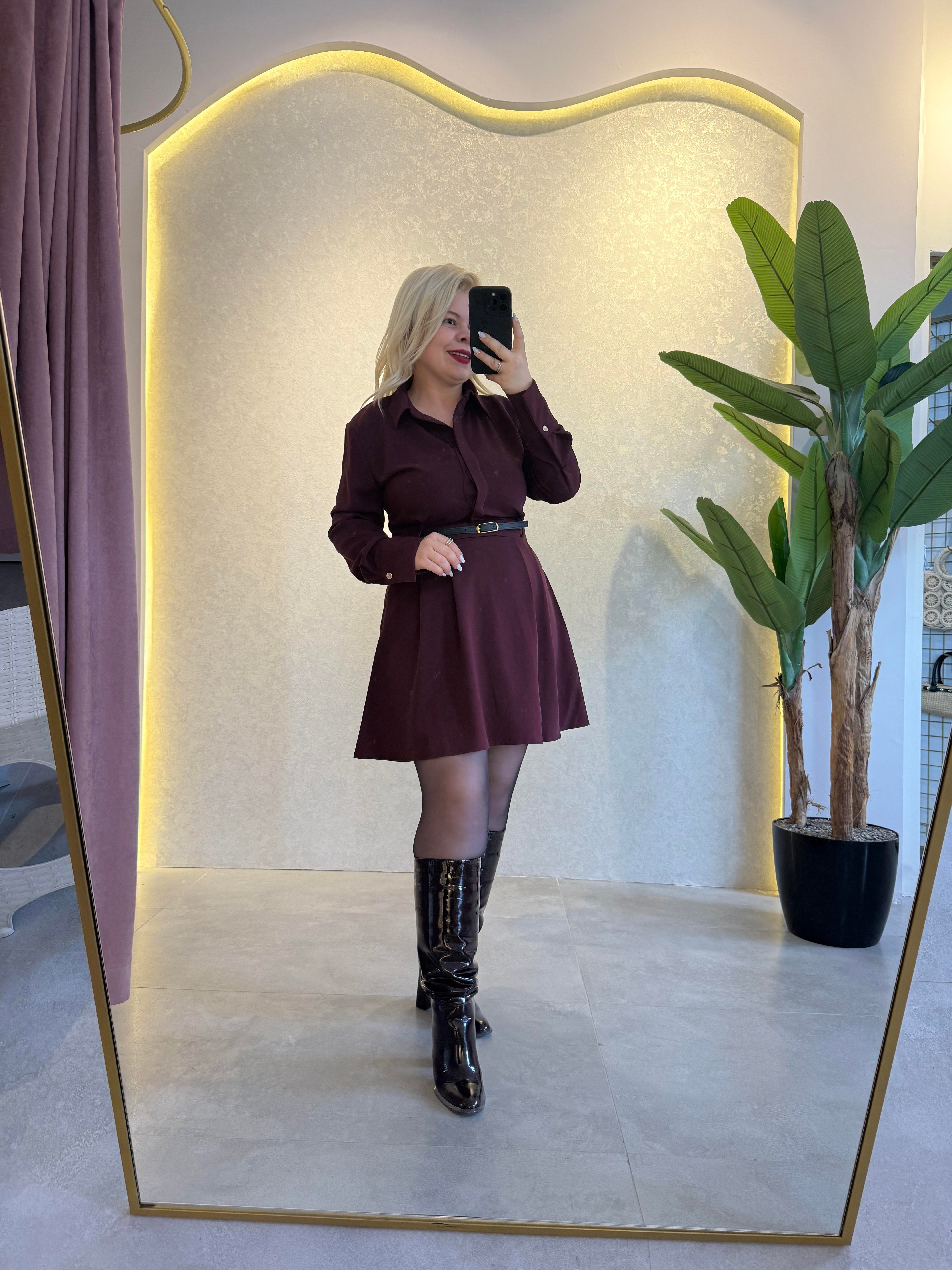 Bordo Kemerli Elbise